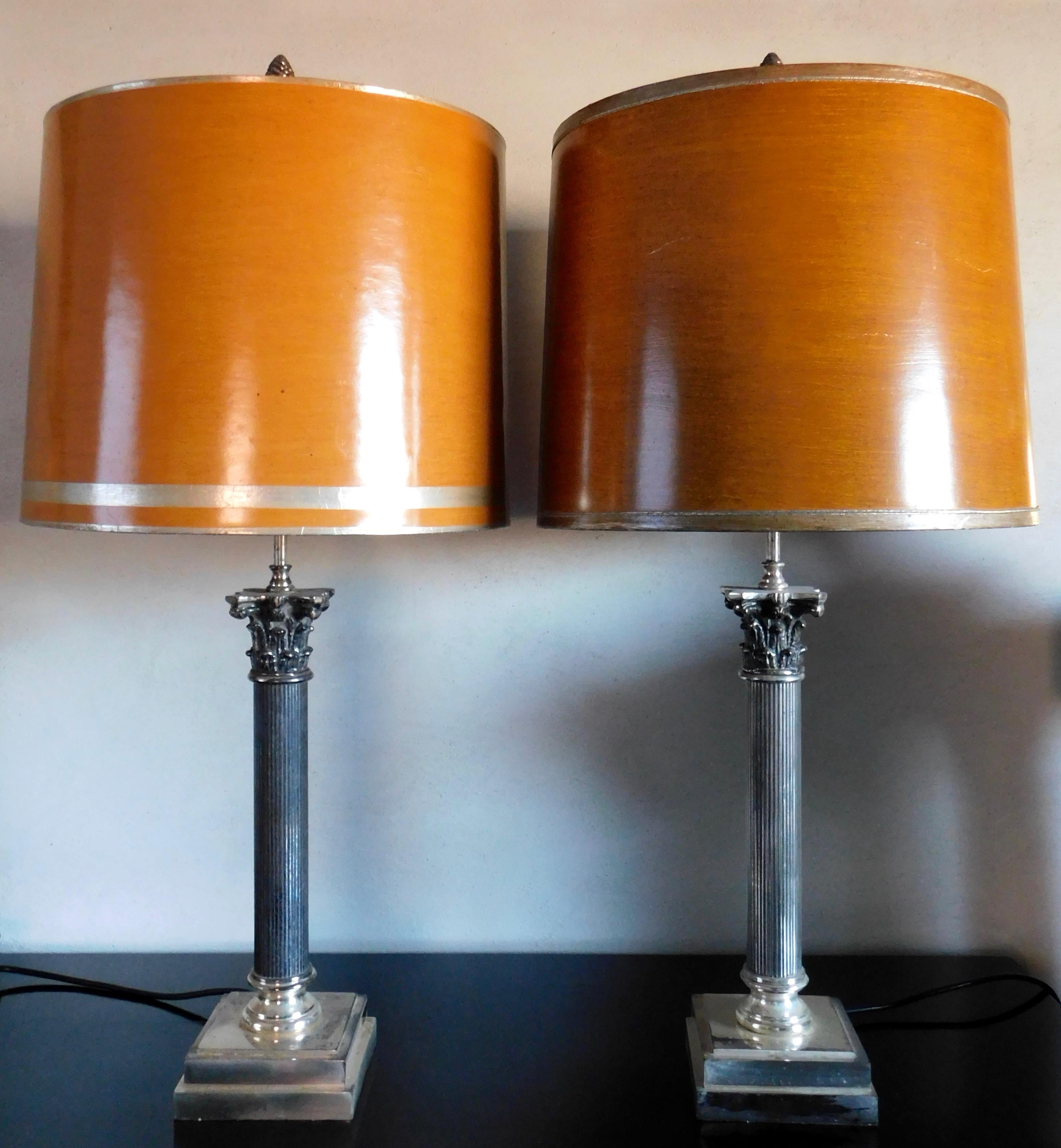Pair of Vintage French Silver Plated Classical Column Lamps For Sale 3