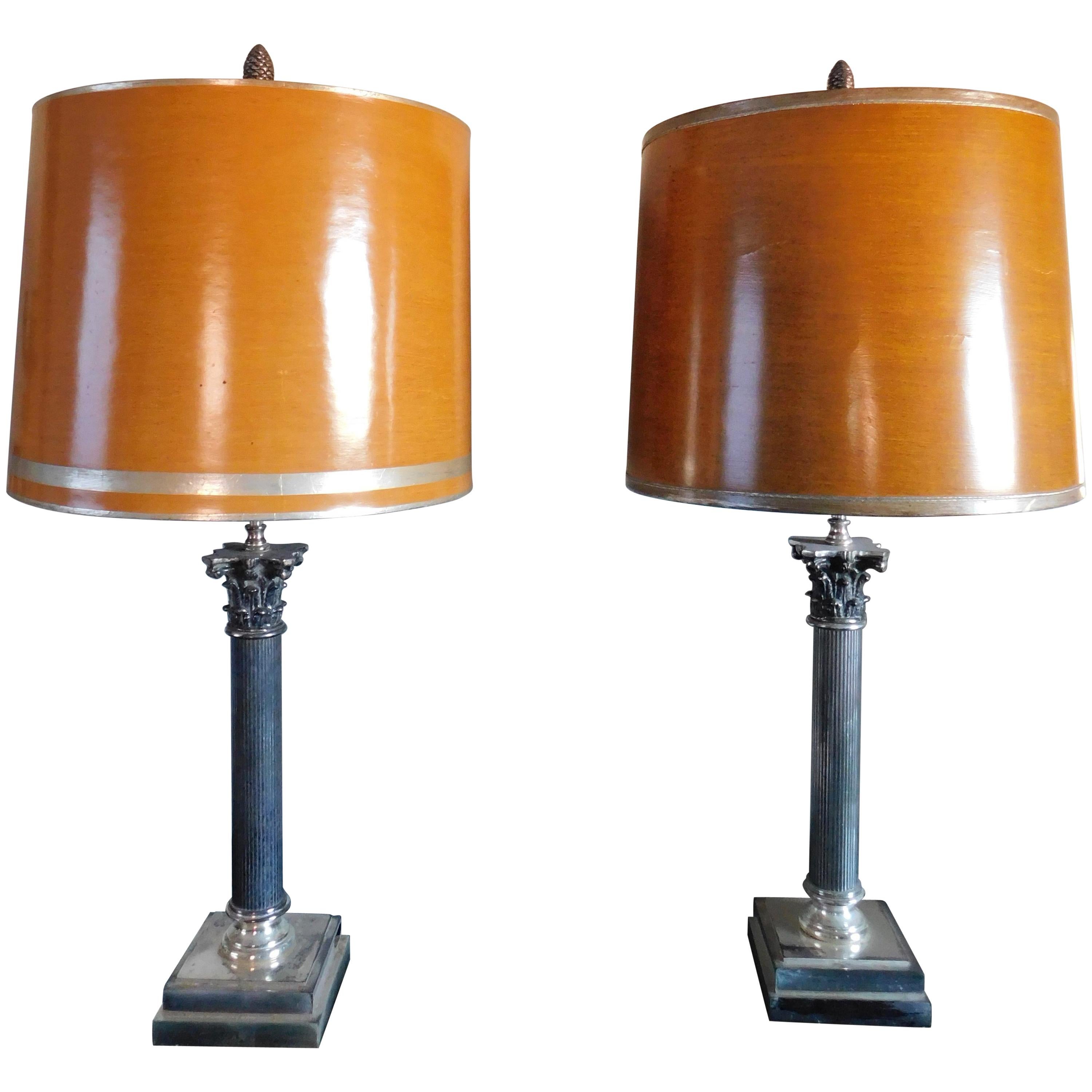 Pair of Vintage French Silver Plated Classical Column Lamps For Sale