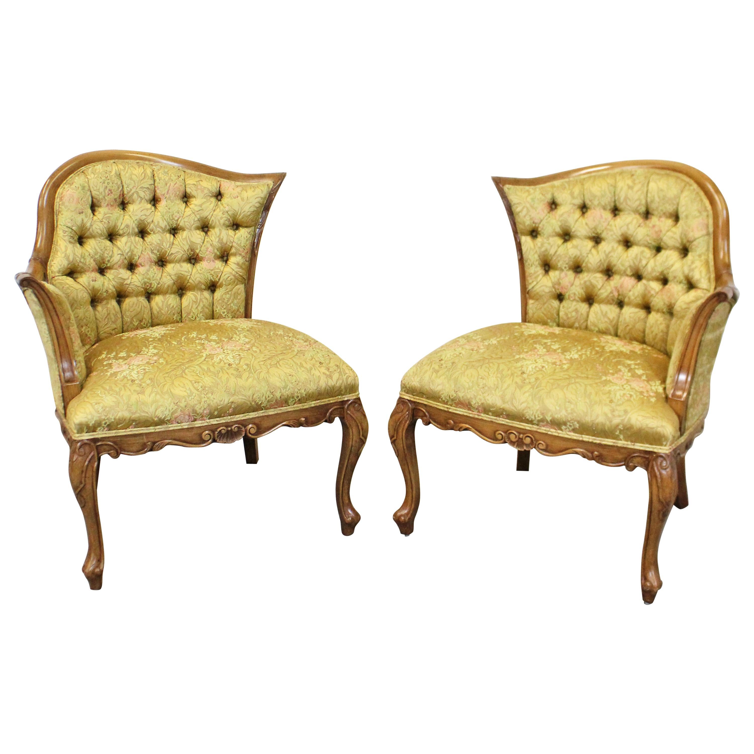 Pair of Vintage French Tufted Fireside Ladies Parlor Chairs
