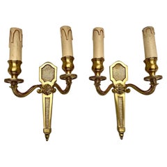 Pair of Vintage French Wall Sconces Gilded Bronze 1960s Elegant Double Light