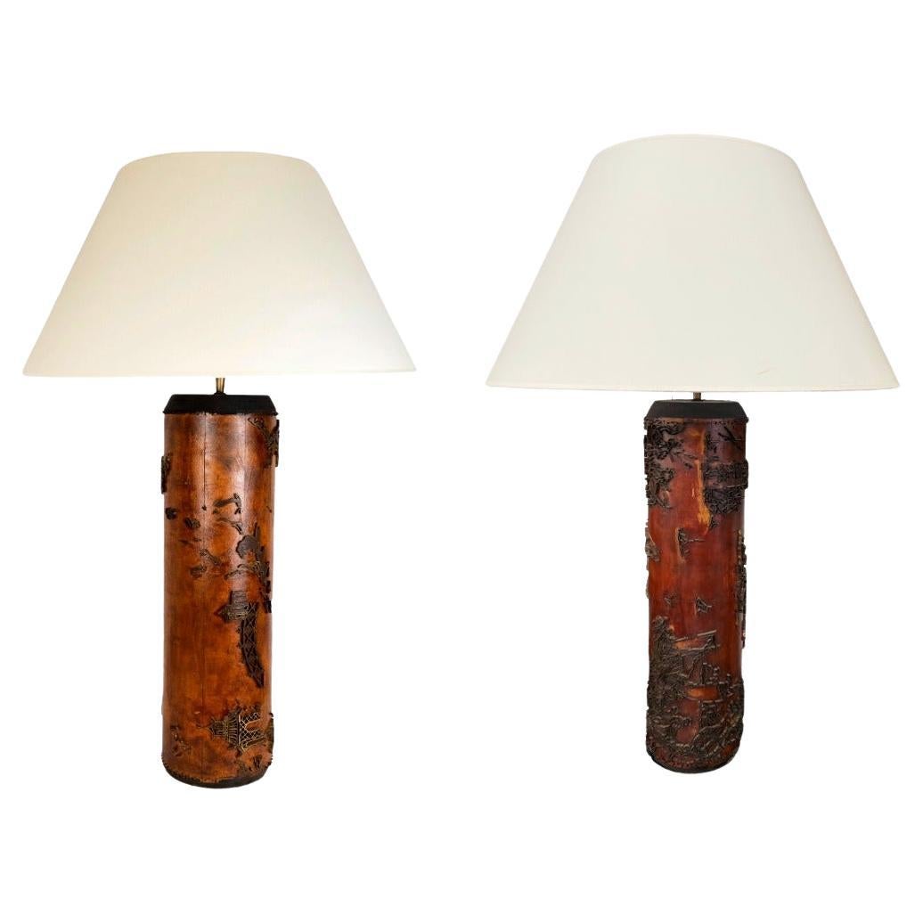 Paire de lampes de table à rouleau imprimées en papier peint vintage français