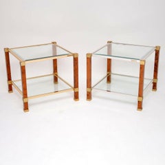 Pair of Vintage French Walnut and Glass Side Tables