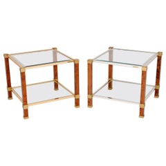 Pair of Vintage French Walnut and Glass Side Tables