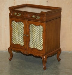 PAIR OF VINTAGE FRENCH WALNUT PIERCED BRASS & SILK SIDE CABINETS WiTH DRAWERS