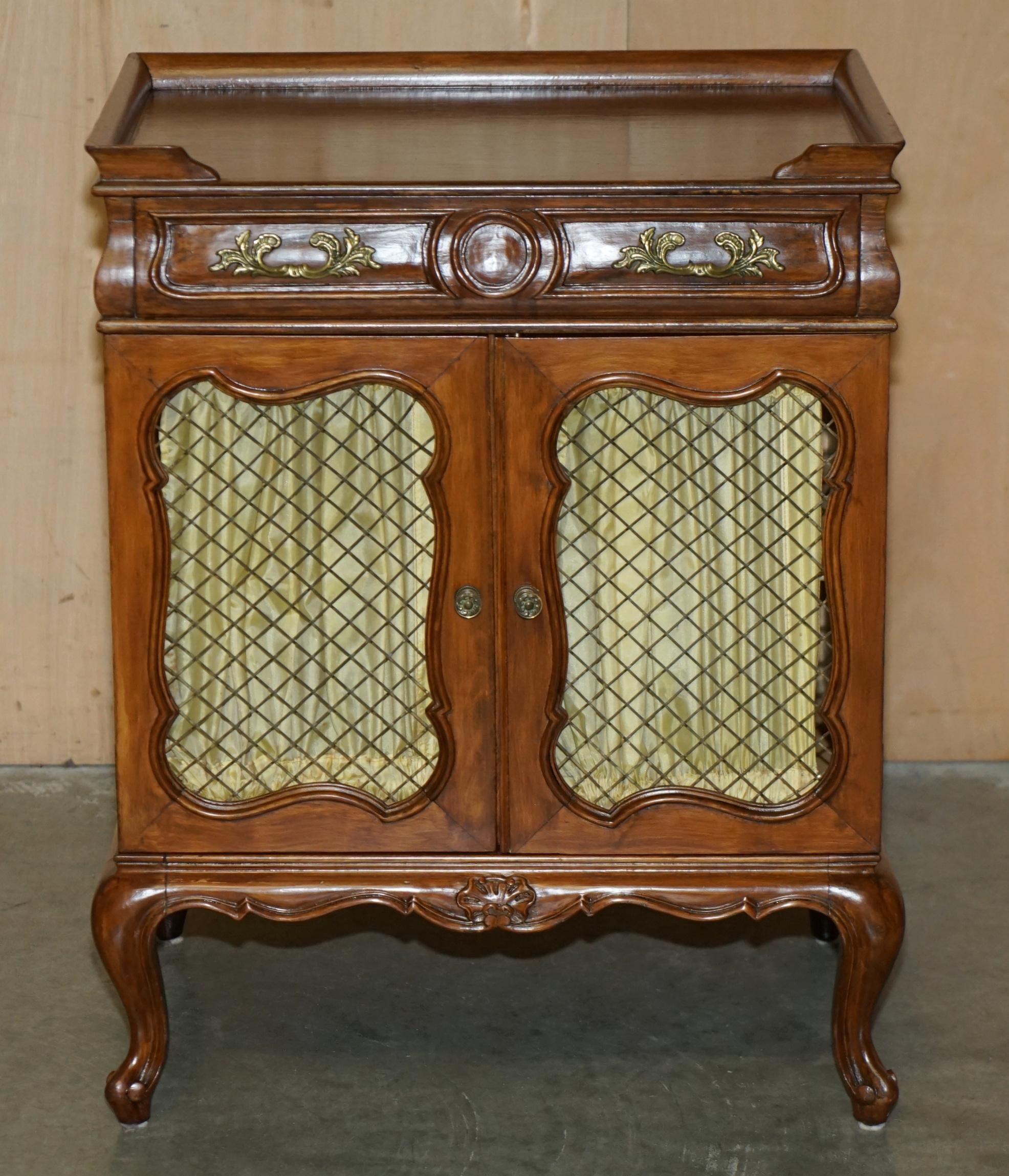 Art Deco PAIR OF VINTAGE FRENCH WALNUT PIERCED BRASS & SILK SIDE CABINETS WiTH DRAWERS For Sale