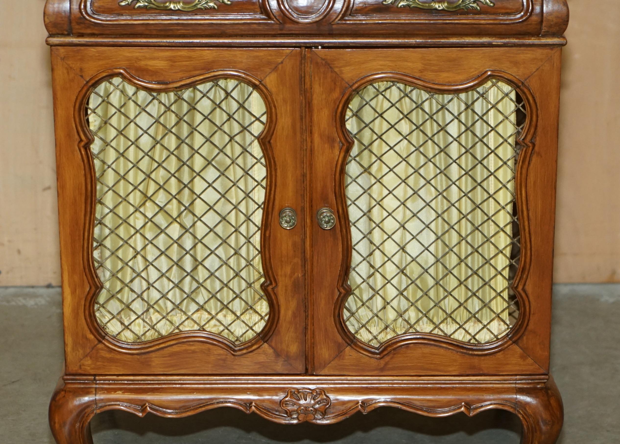Mid-20th Century PAIR OF VINTAGE FRENCH WALNUT PIERCED BRASS & SILK SIDE CABINETS WiTH DRAWERS For Sale