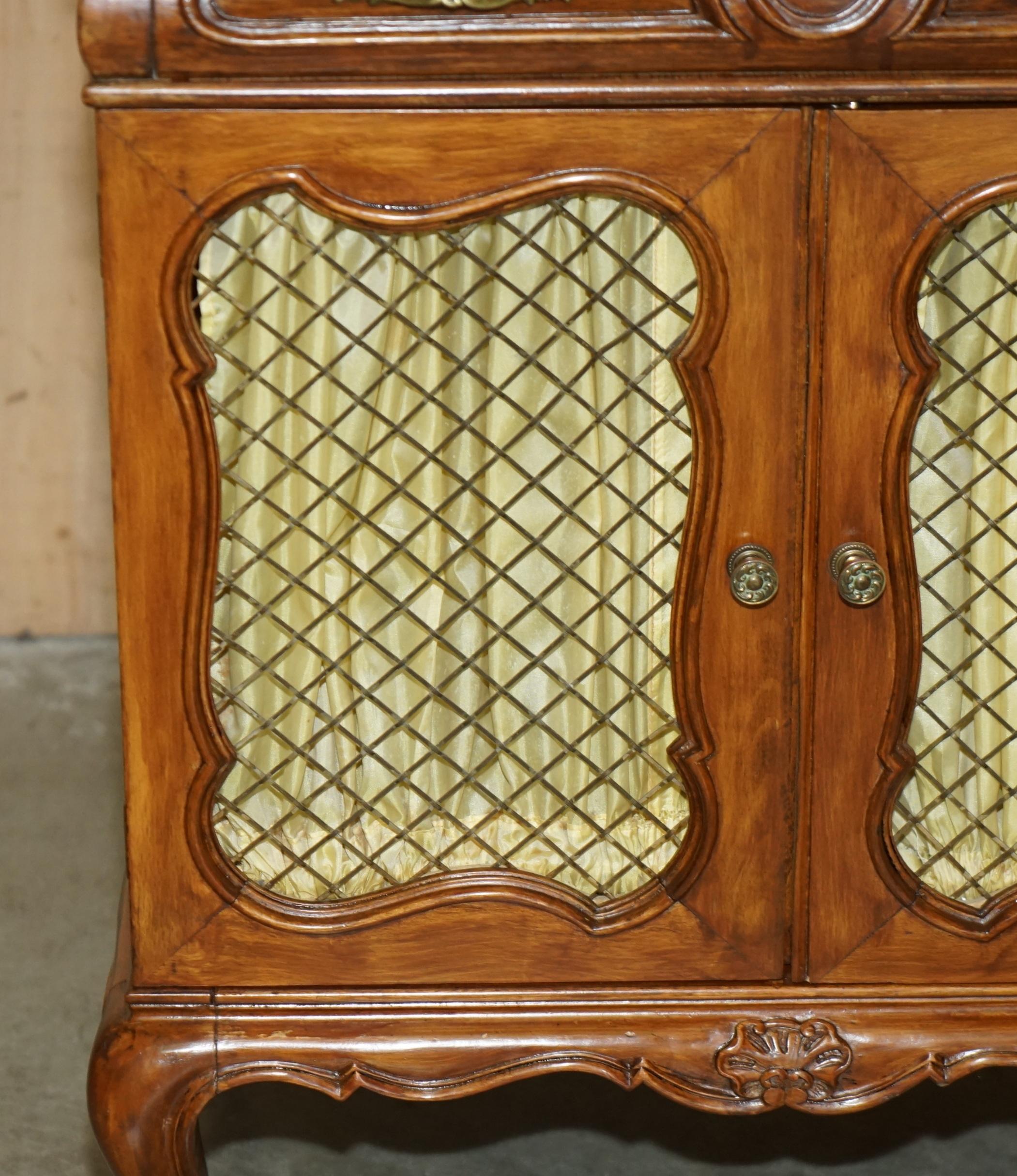 Brass PAIR OF VINTAGE FRENCH WALNUT PIERCED BRASS & SILK SIDE CABINETS WiTH DRAWERS For Sale