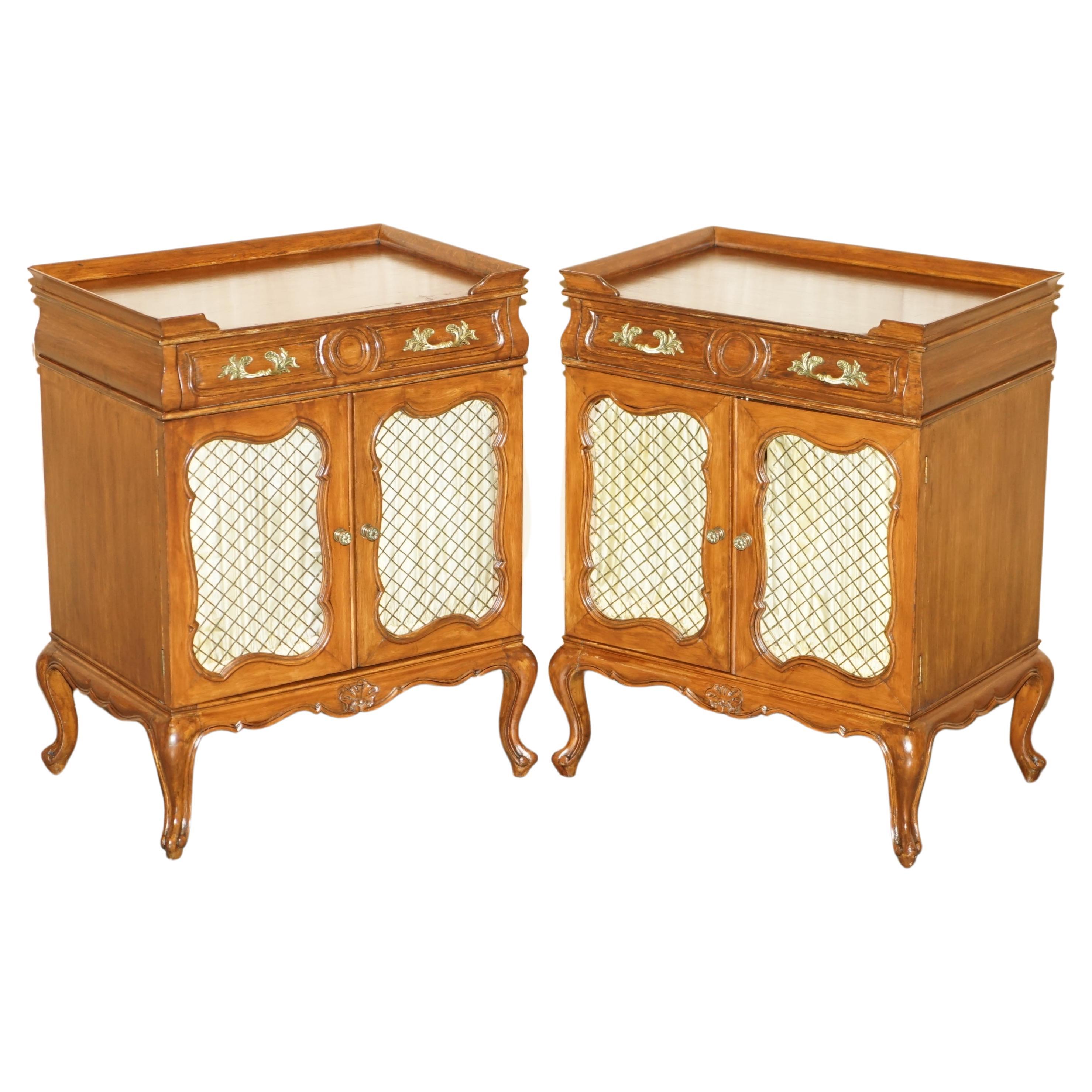 PAIR OF VINTAGE FRENCH WALNUT PIERCED BRASS & SILK SIDE CABINETS WiTH DRAWERS For Sale