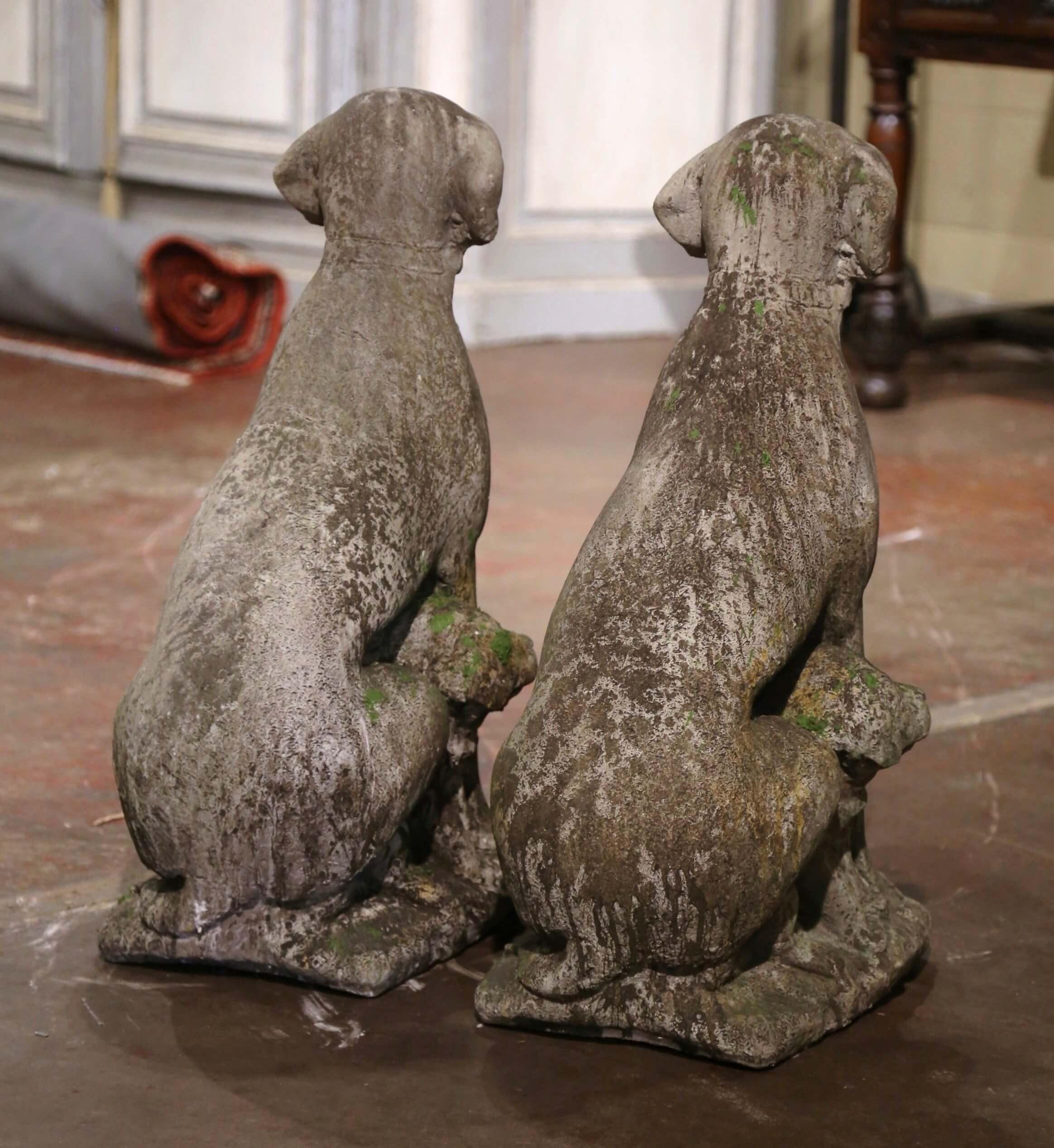 Pareja de esculturas francesas vintage de perro labrador y cachorro de piedra tallada a la intemperie 3