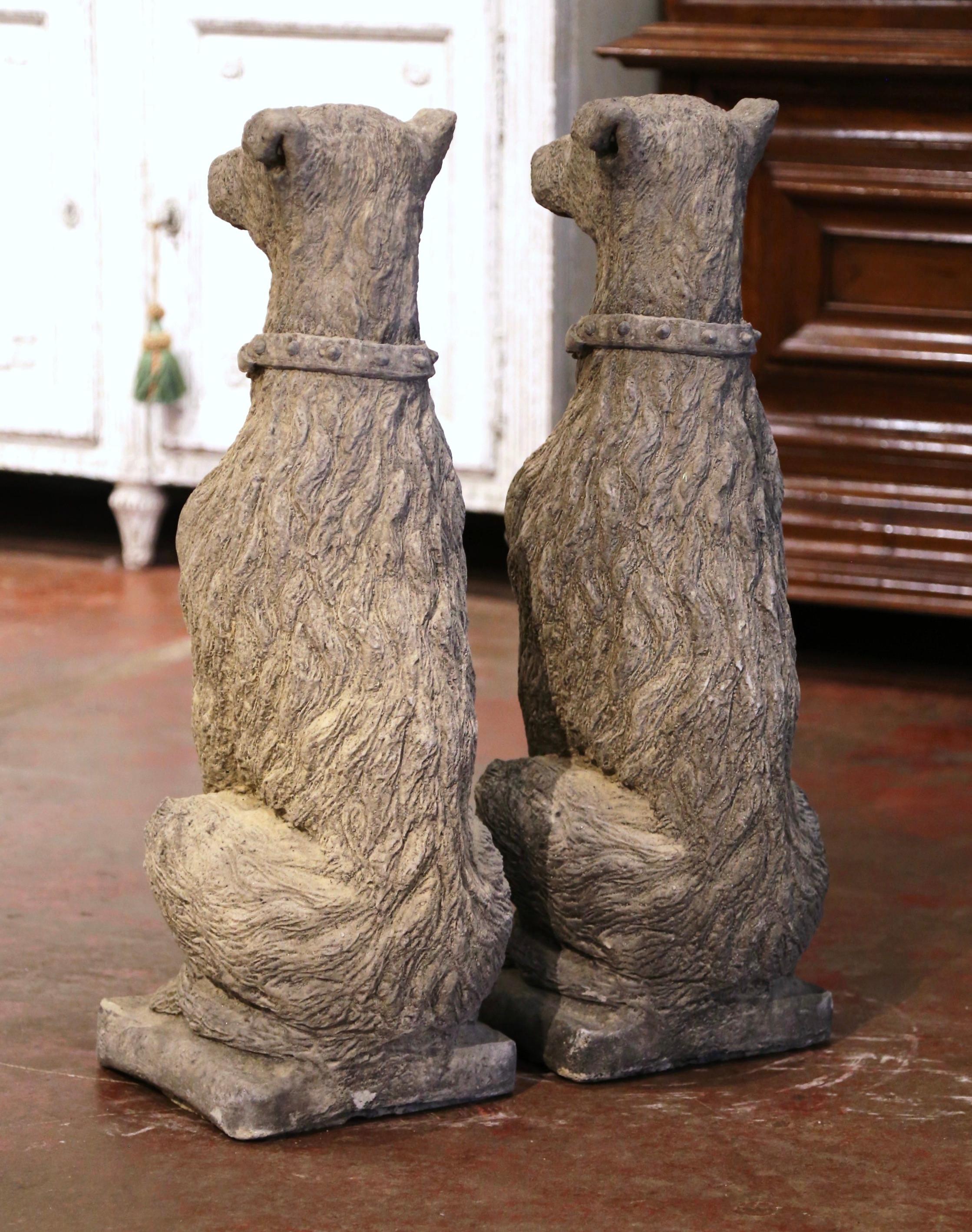 Pair of Vintage French Weathered Carved Stone Statuary Scottish Deer Hounds 4
