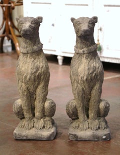 Pair of Vintage French Weathered Carved Stone Statuary Scottish Deer Hounds