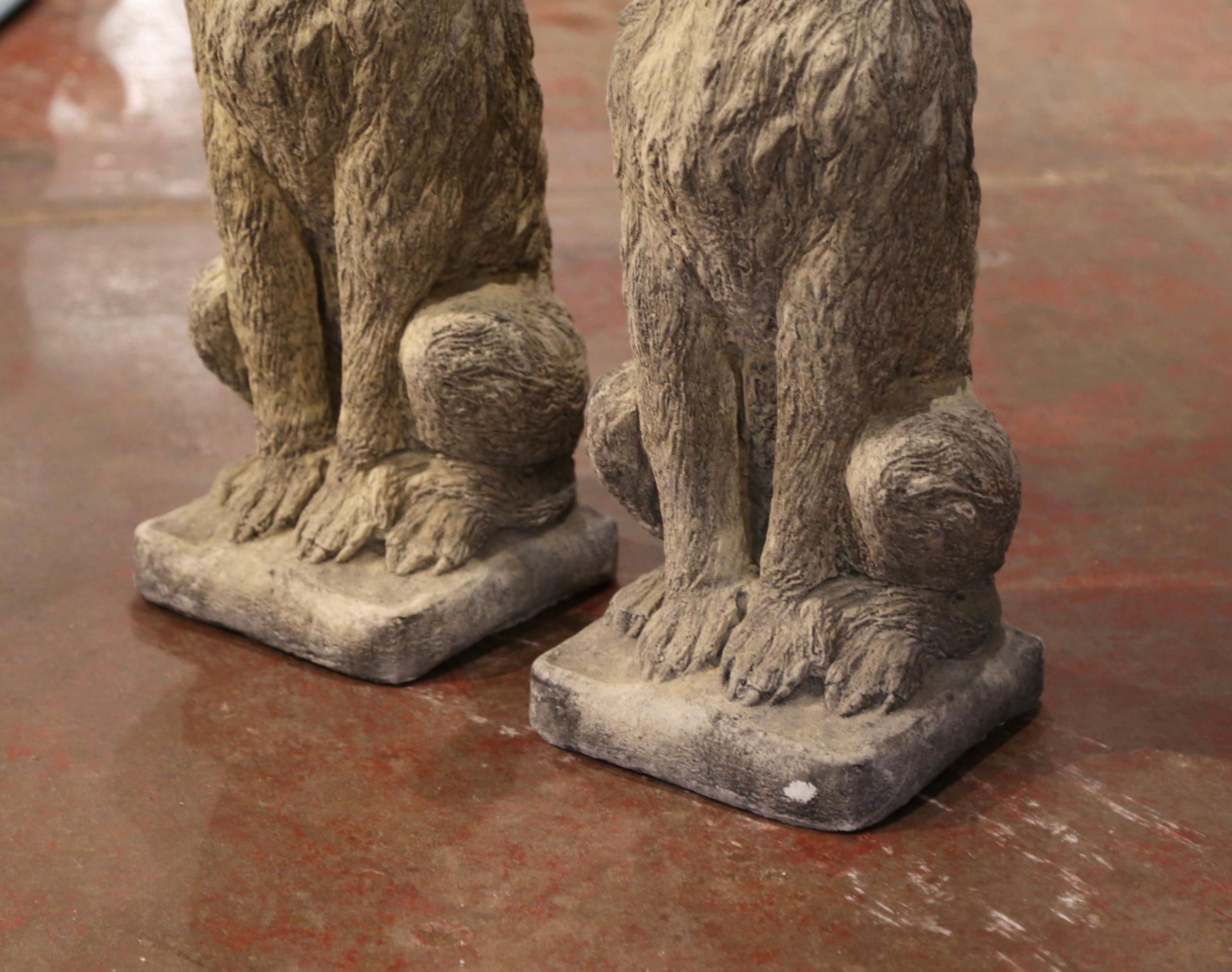 Pair of Vintage French Weathered Carved Stone Statuary Scottish Deer Hounds In Excellent Condition In Dallas, TX