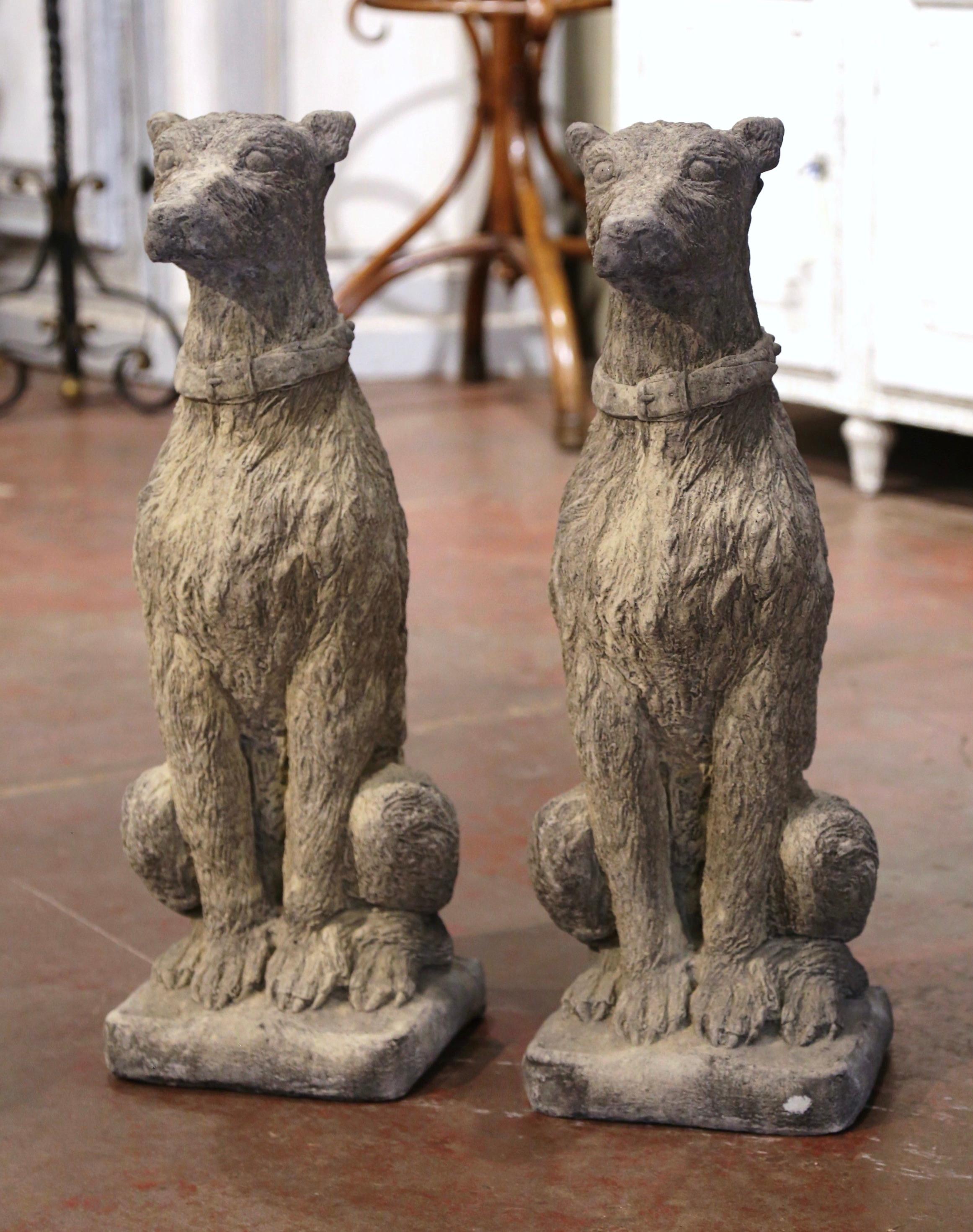 Contemporary Pair of Vintage French Weathered Carved Stone Statuary Scottish Deer Hounds