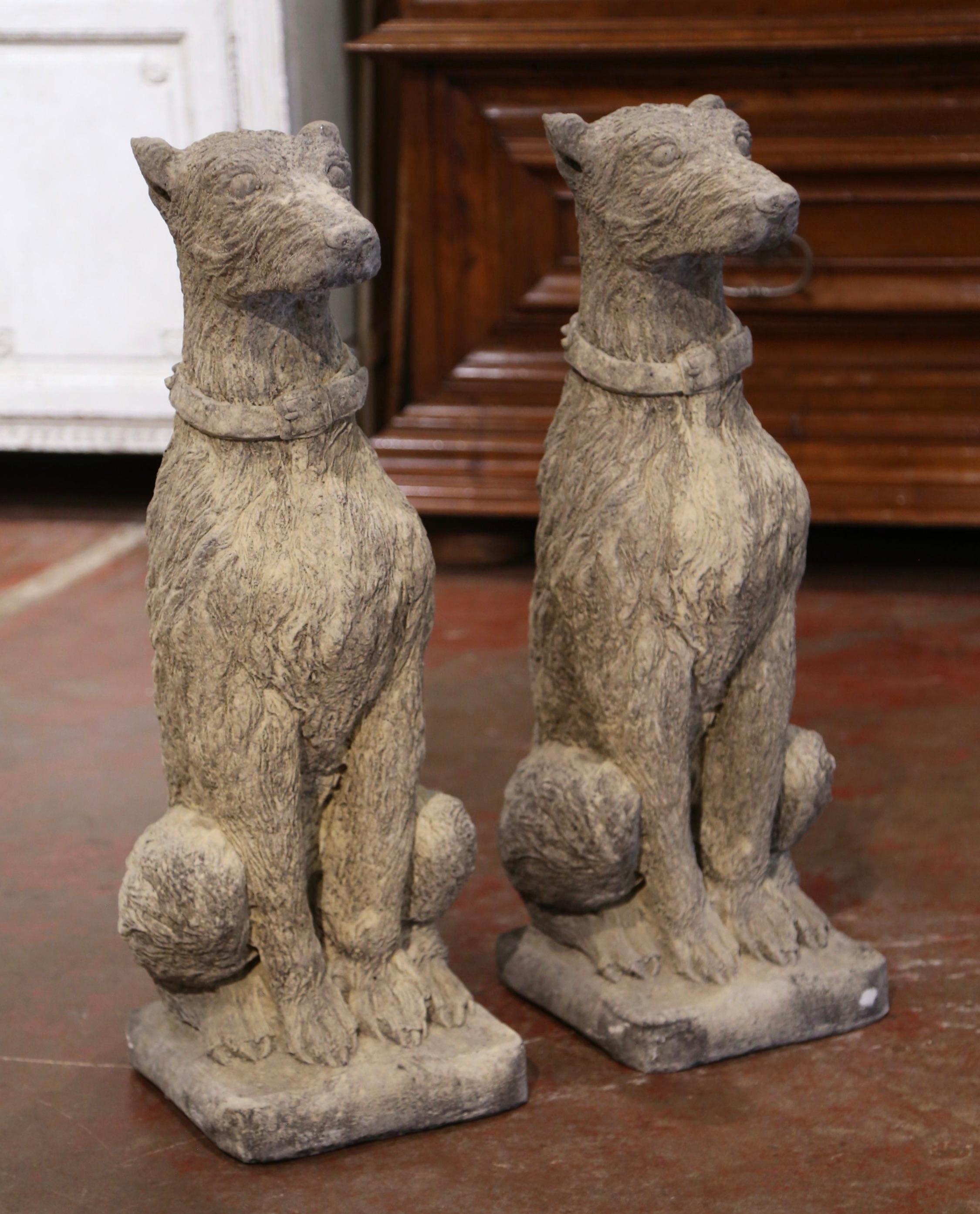 Cast Stone Pair of Vintage French Weathered Carved Stone Statuary Scottish Deer Hounds