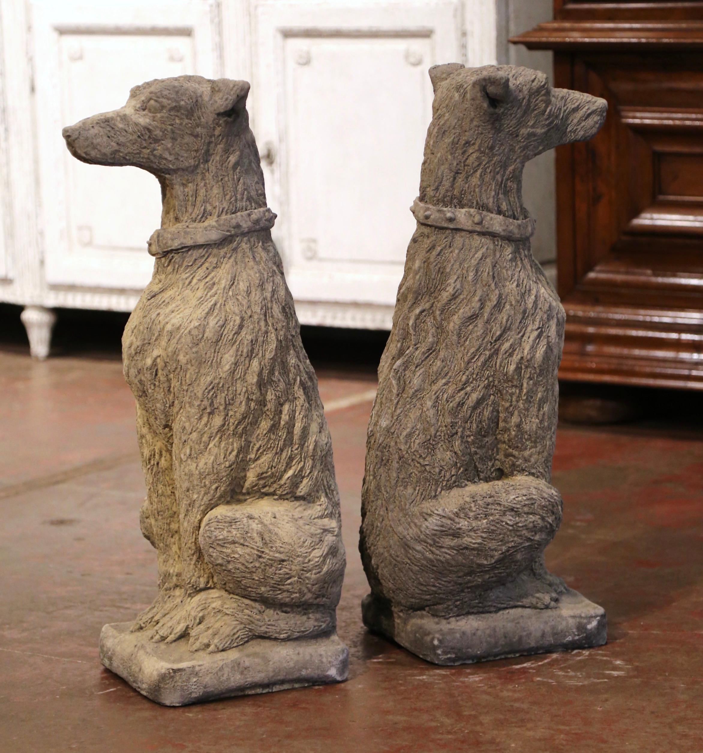 Pair of Vintage French Weathered Carved Stone Statuary Scottish Deer Hounds 1