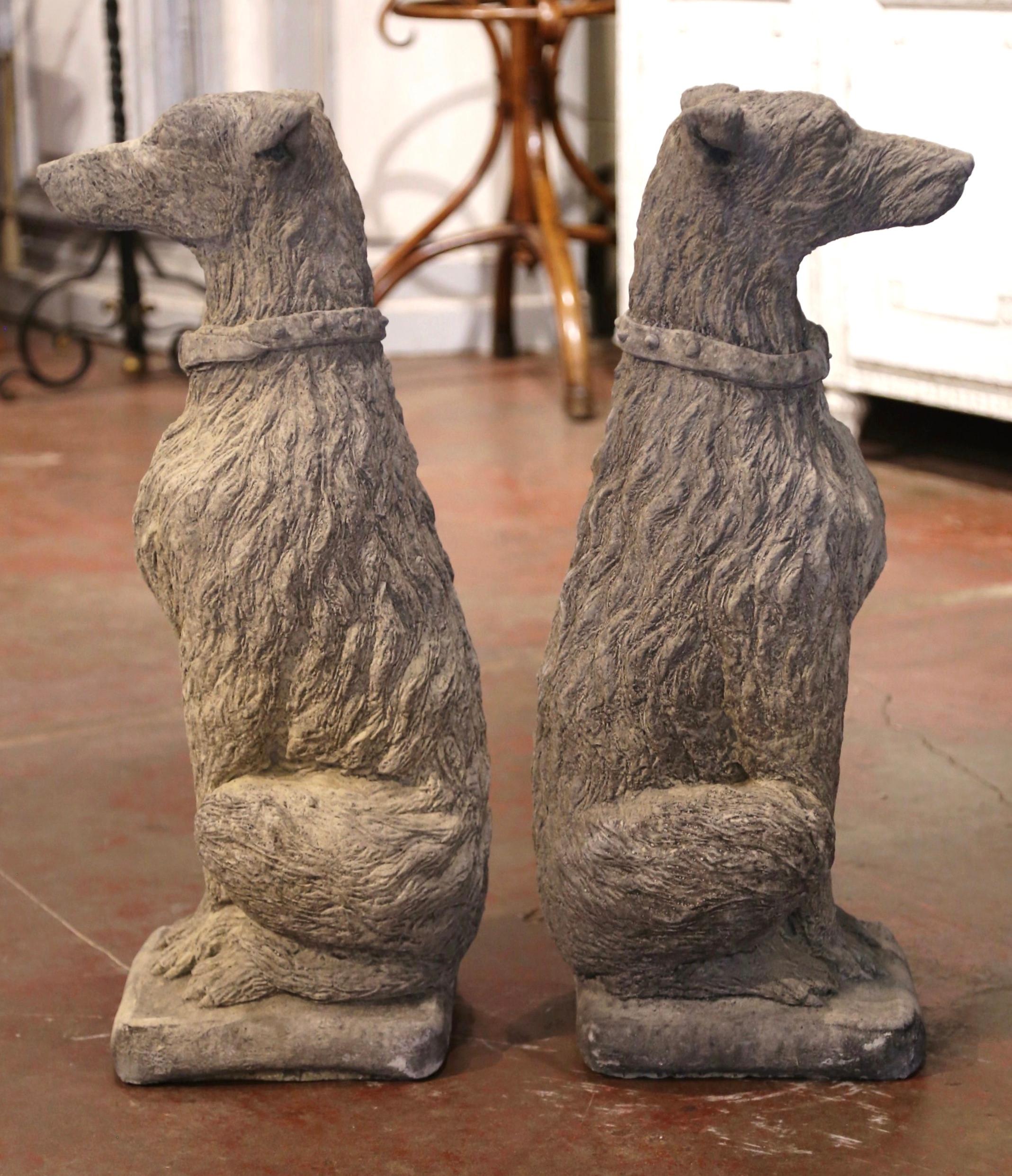 Pair of Vintage French Weathered Carved Stone Statuary Scottish Deer Hounds 2