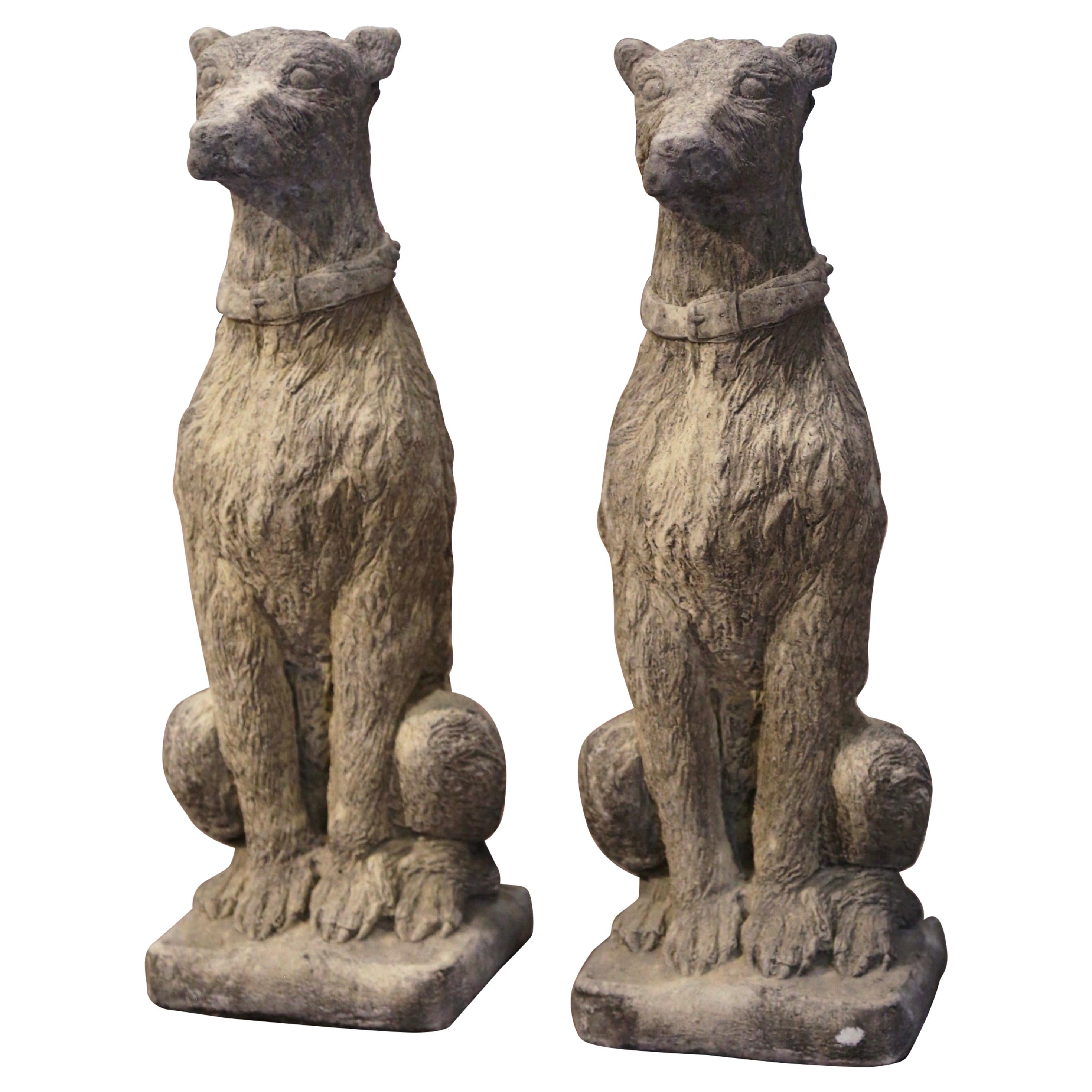 Pair of Vintage French Weathered Carved Stone Statuary Scottish Deer Hounds