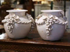 Pair of Vintage French White Barbotine Ceramic Vases with Grape Decor