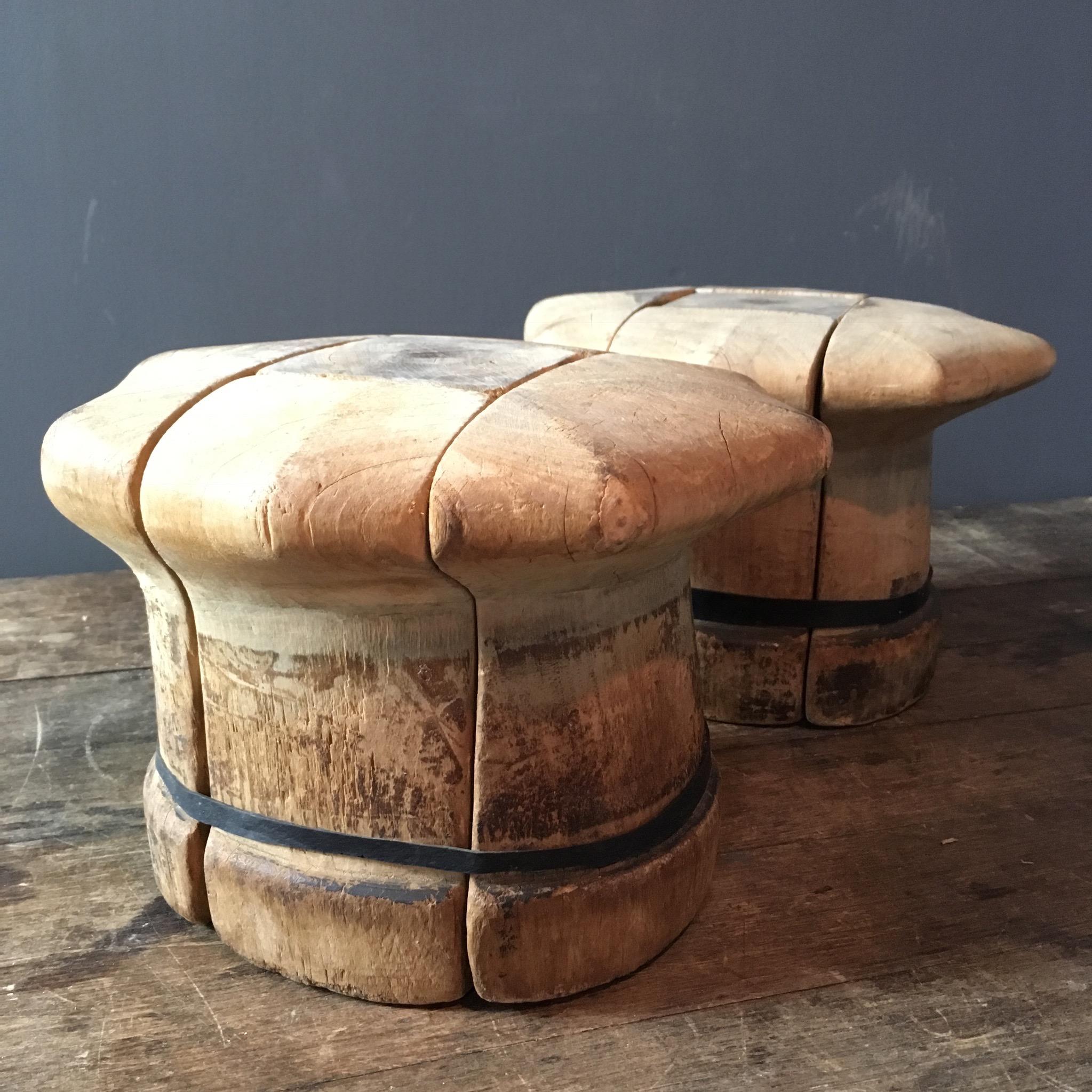 Vintage French wooden hat blocks

Puzzle hat blocks that come apart to release the block once hat is moulded

The blocks are original french pieces

They have a rubber neck band to hold them together

Dimensions of each block 

26 cm