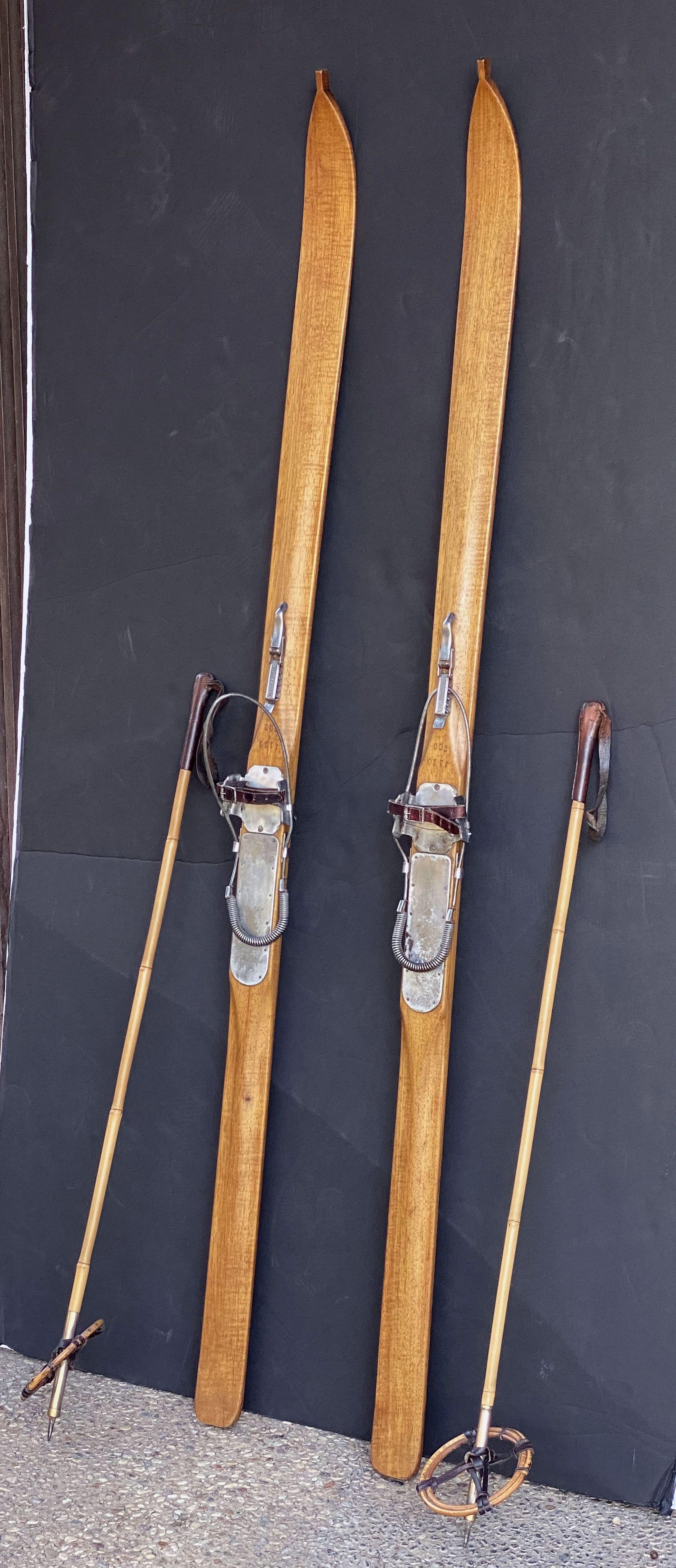 Pair of Vintage French Wooden Skis with Bamboo Skiing Poles 3