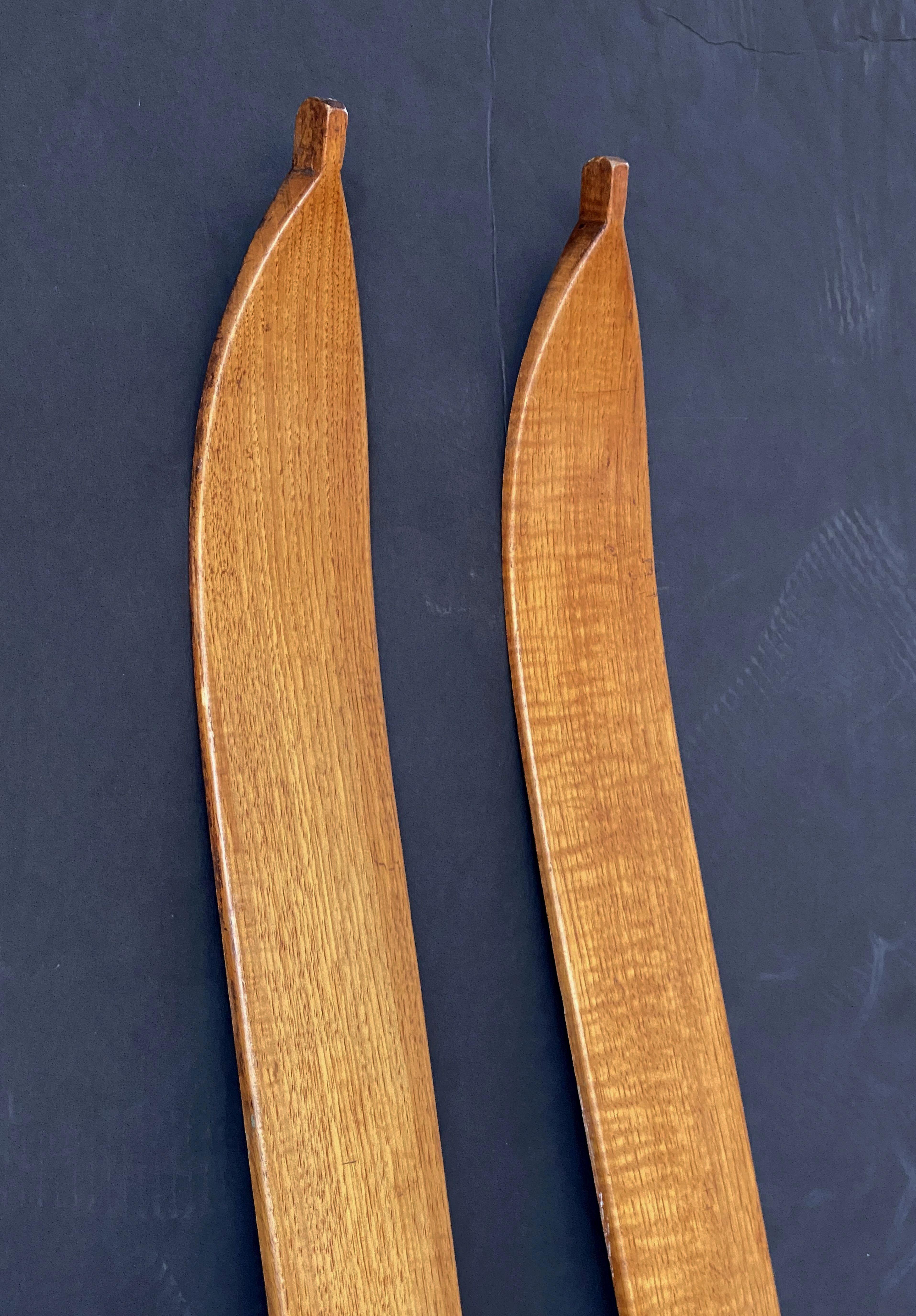 Pair of Vintage French Wooden Skis with Bamboo Skiing Poles 3
