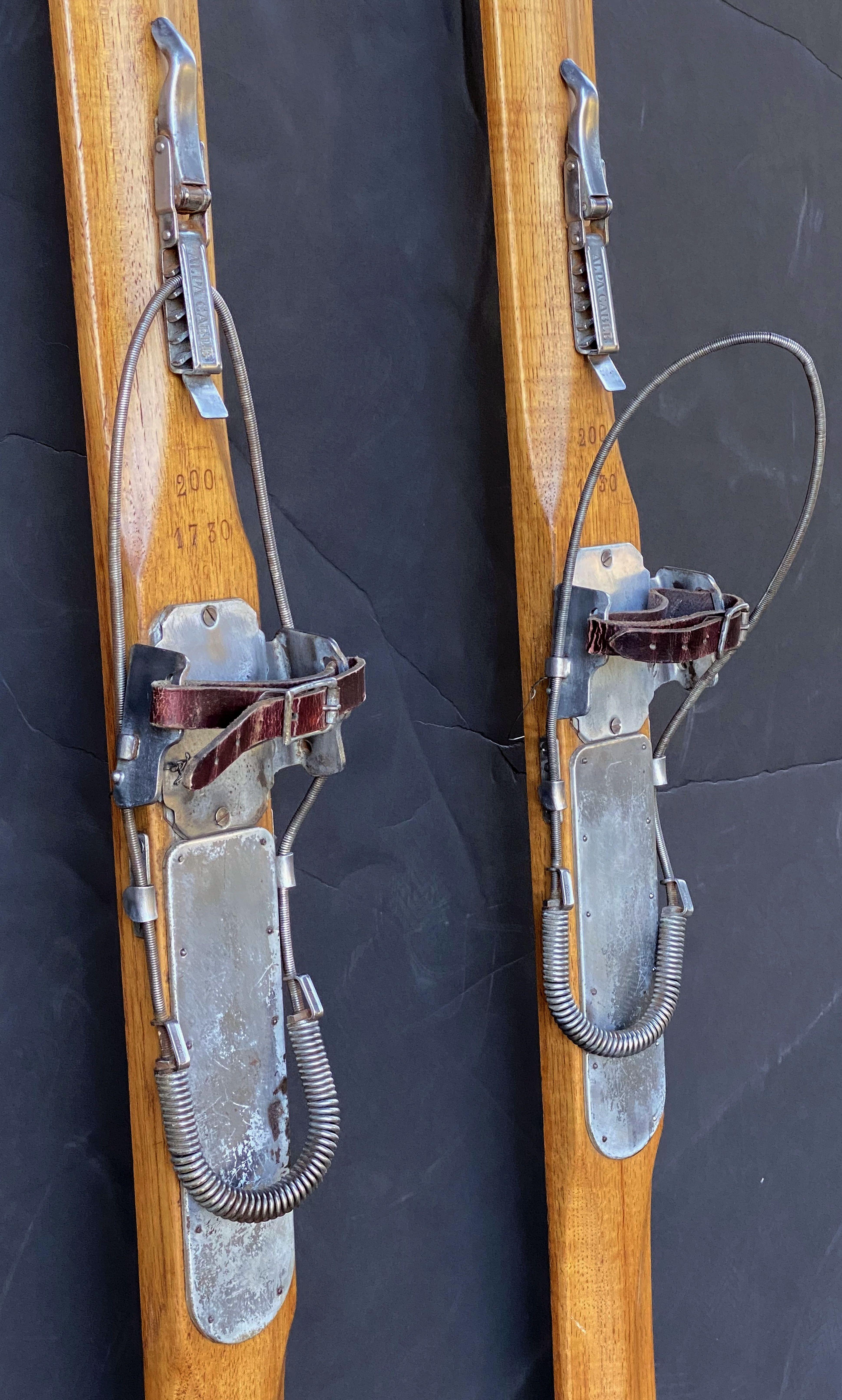 Pair of Vintage French Wooden Skis with Bamboo Skiing Poles 5