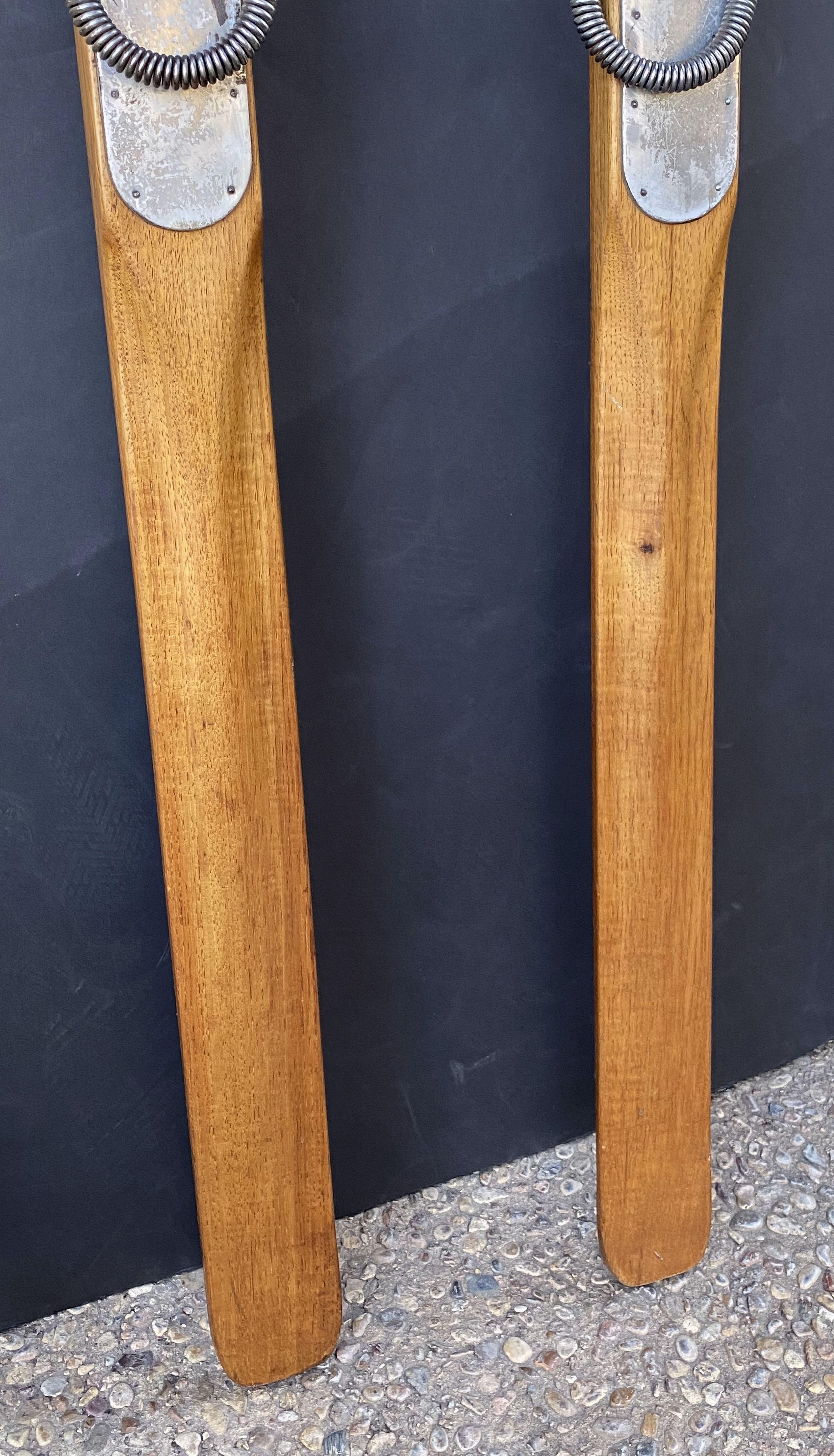 Pair of Vintage French Wooden Skis with Bamboo Skiing Poles 6