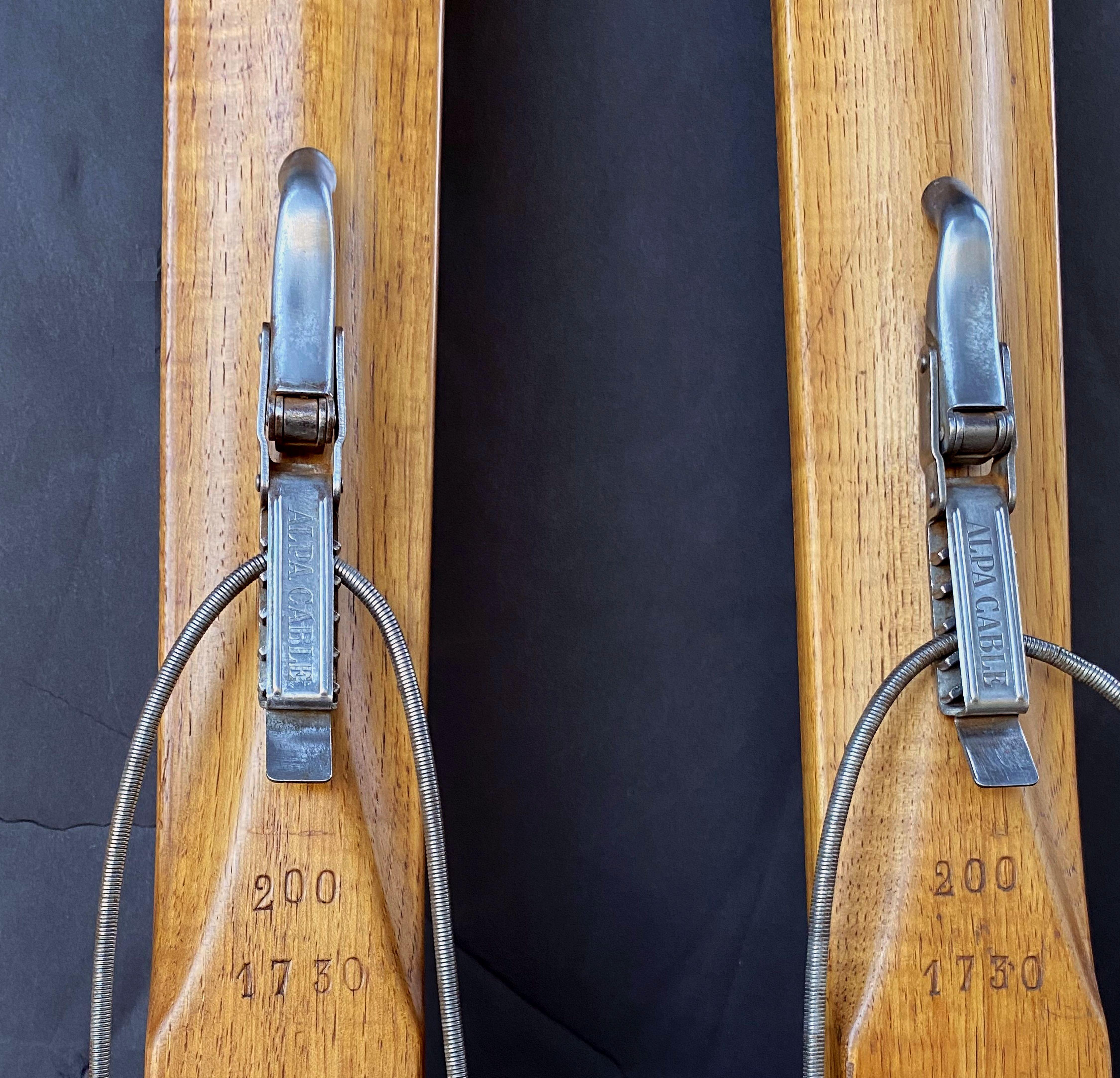 Pair of Vintage French Wooden Skis with Bamboo Skiing Poles 8