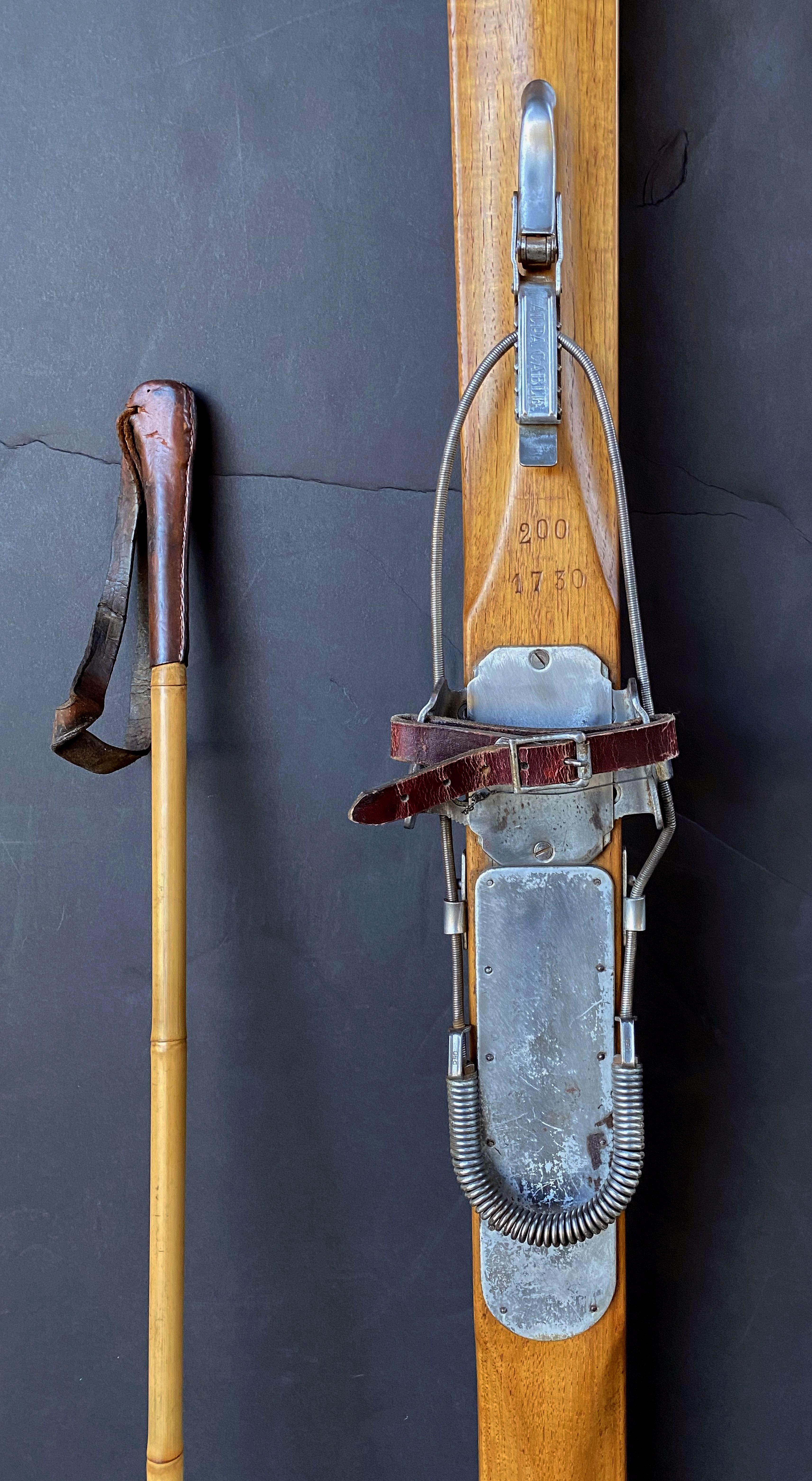 Pair of Vintage French Wooden Skis with Bamboo Skiing Poles 8