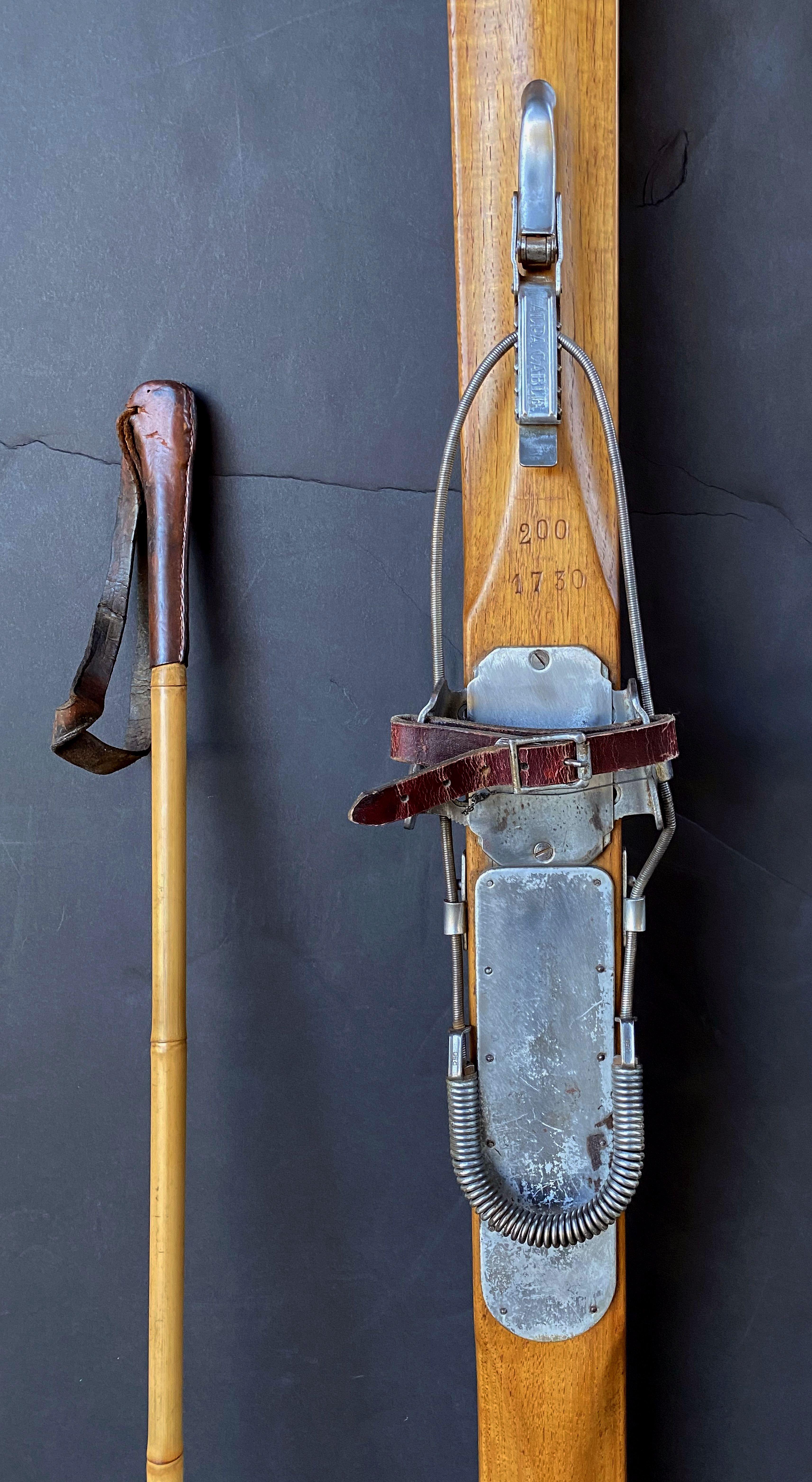 Pair of Vintage French Wooden Skis with Bamboo Skiing Poles 9