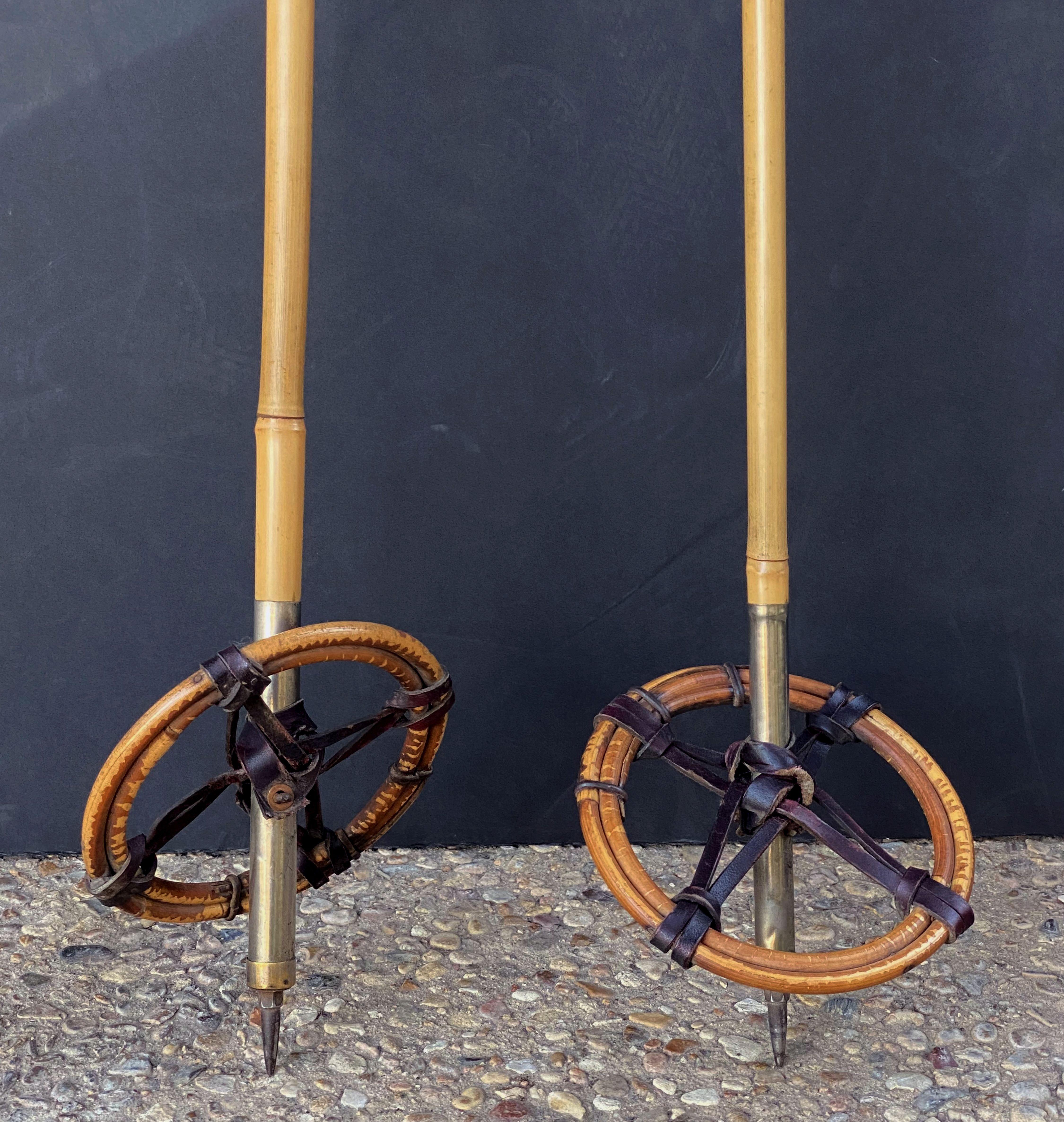 Pair of Vintage French Wooden Skis with Bamboo Skiing Poles 9