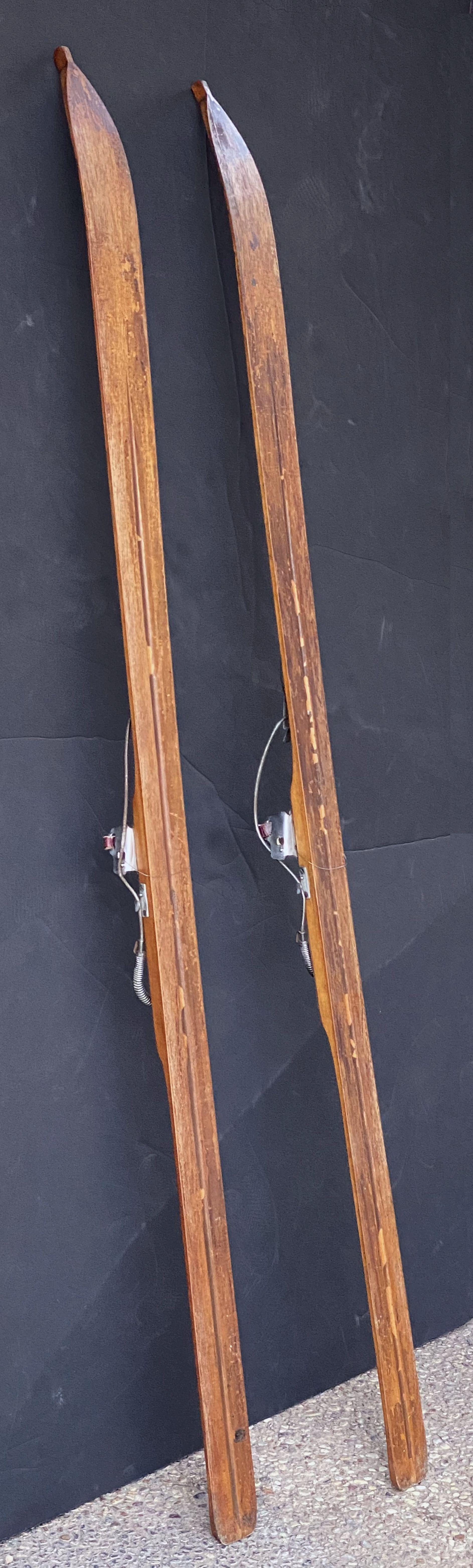 Pair of Vintage French Wooden Skis with Bamboo Skiing Poles 13