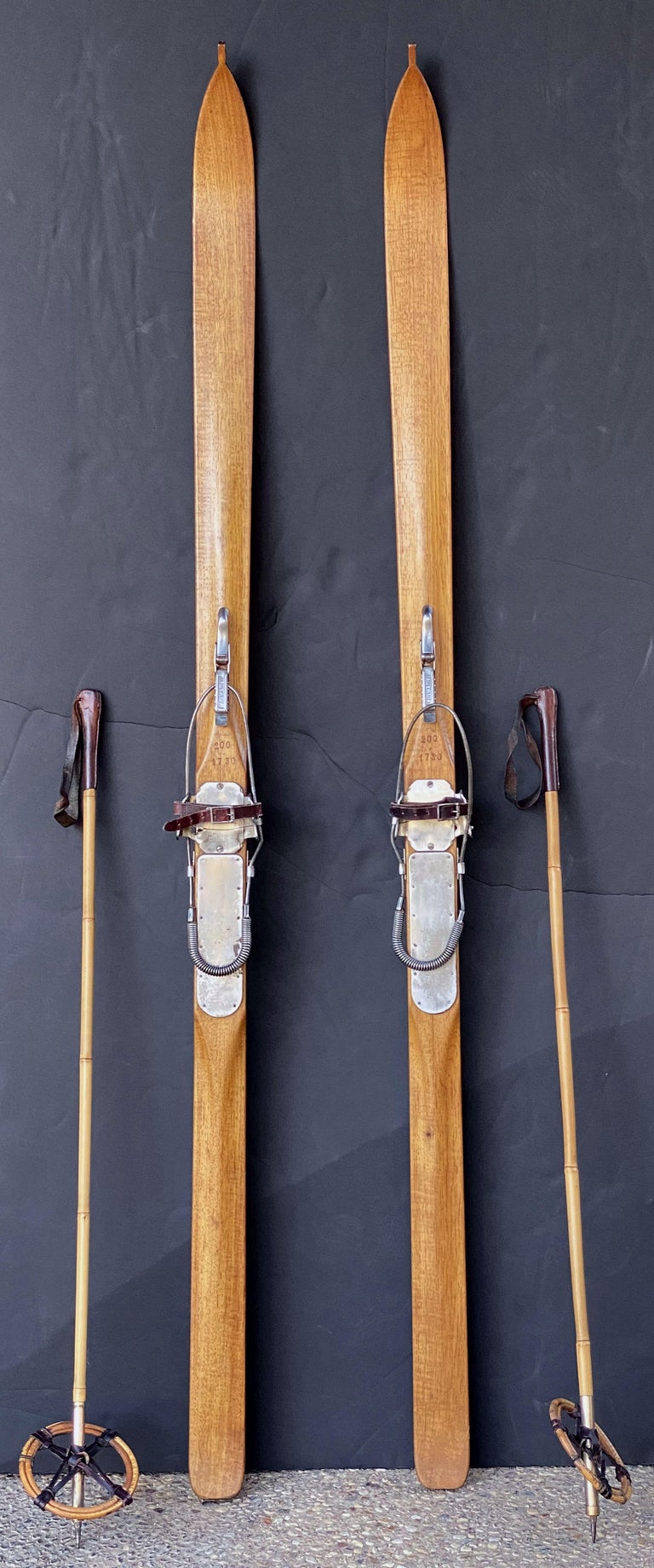 Pair of Vintage French Wooden Skis with Bamboo Skiing Poles at 1stDibs