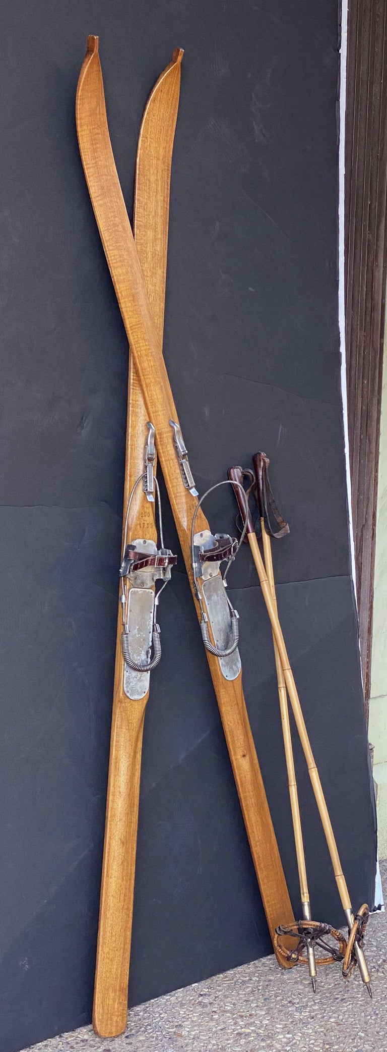 Pair of Vintage French Wooden Skis with Bamboo Skiing Poles at 1stDibs |  vintage wooden ski, antique wood skis, old wooden skis