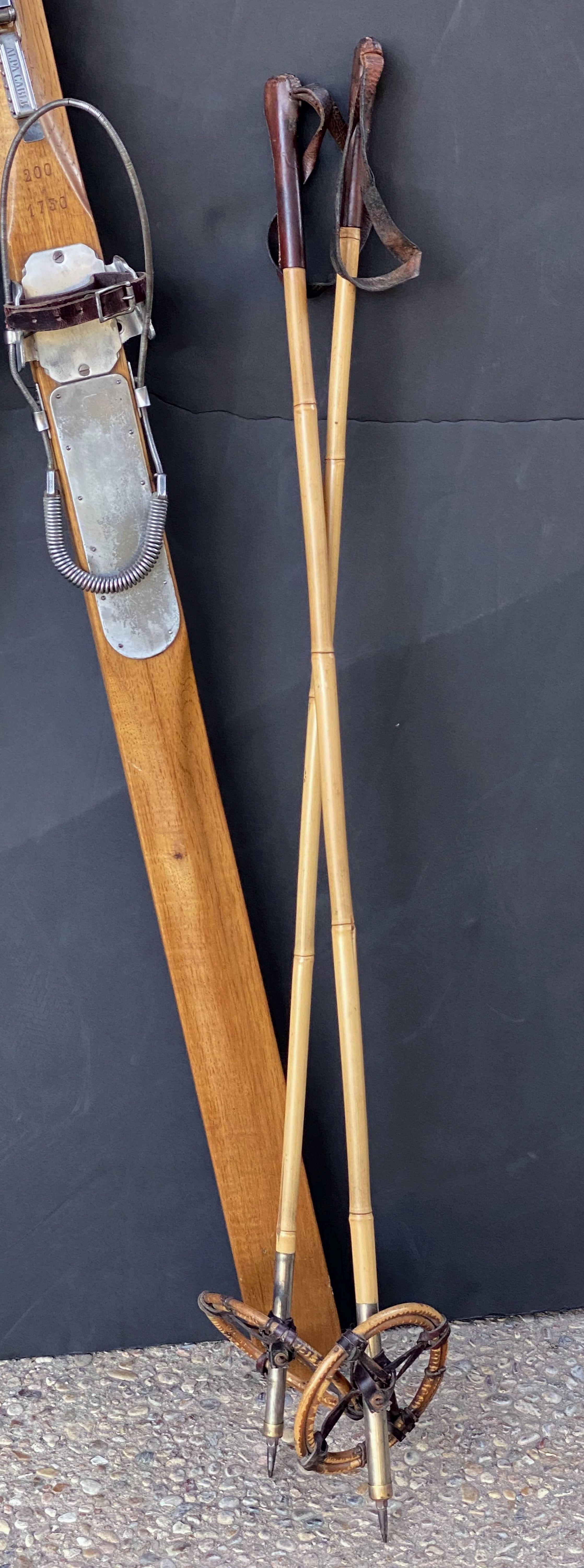 20th Century Pair of Vintage French Wooden Skis with Bamboo Skiing Poles
