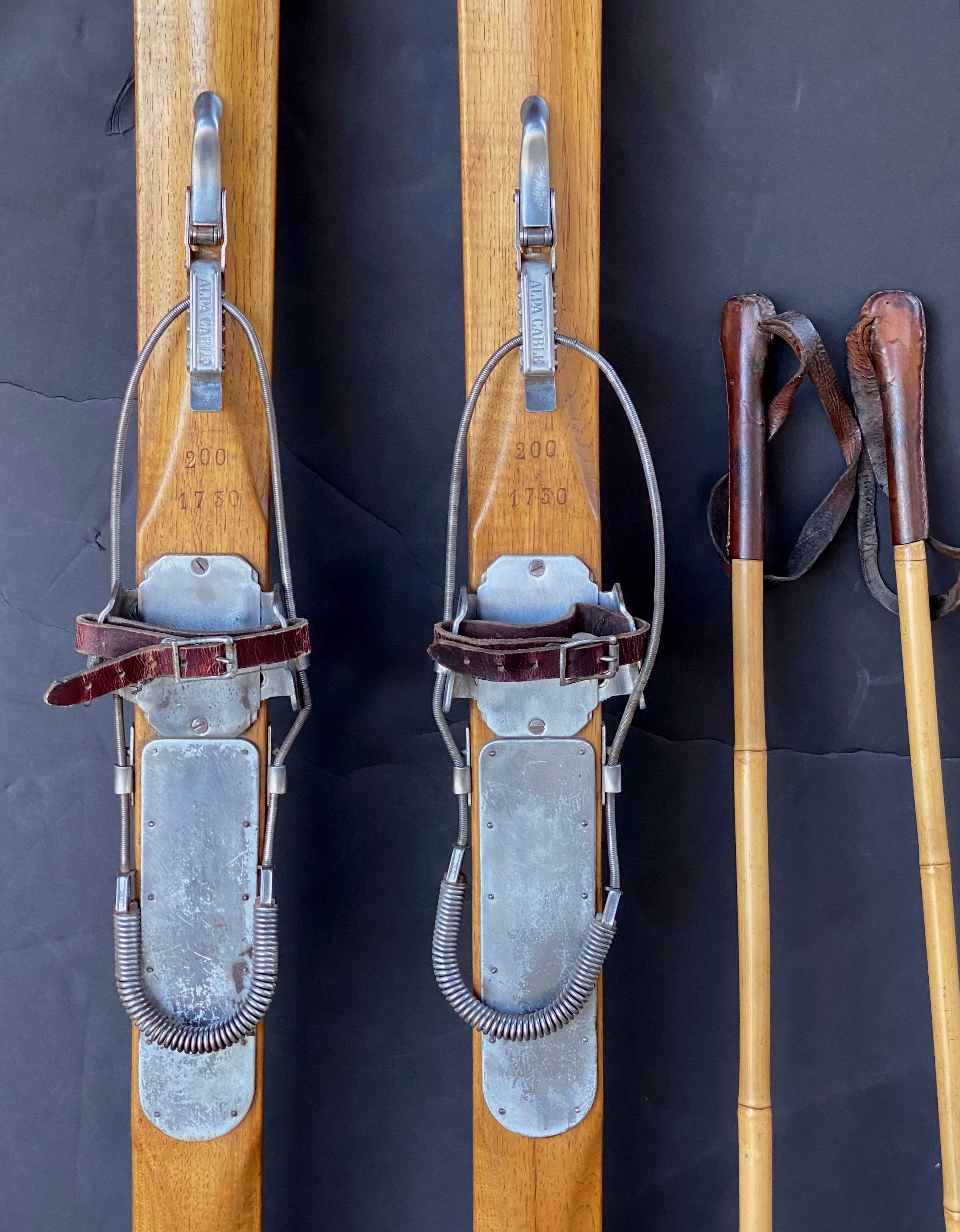 Pair of Vintage French Wooden Skis with Bamboo Skiing Poles 1