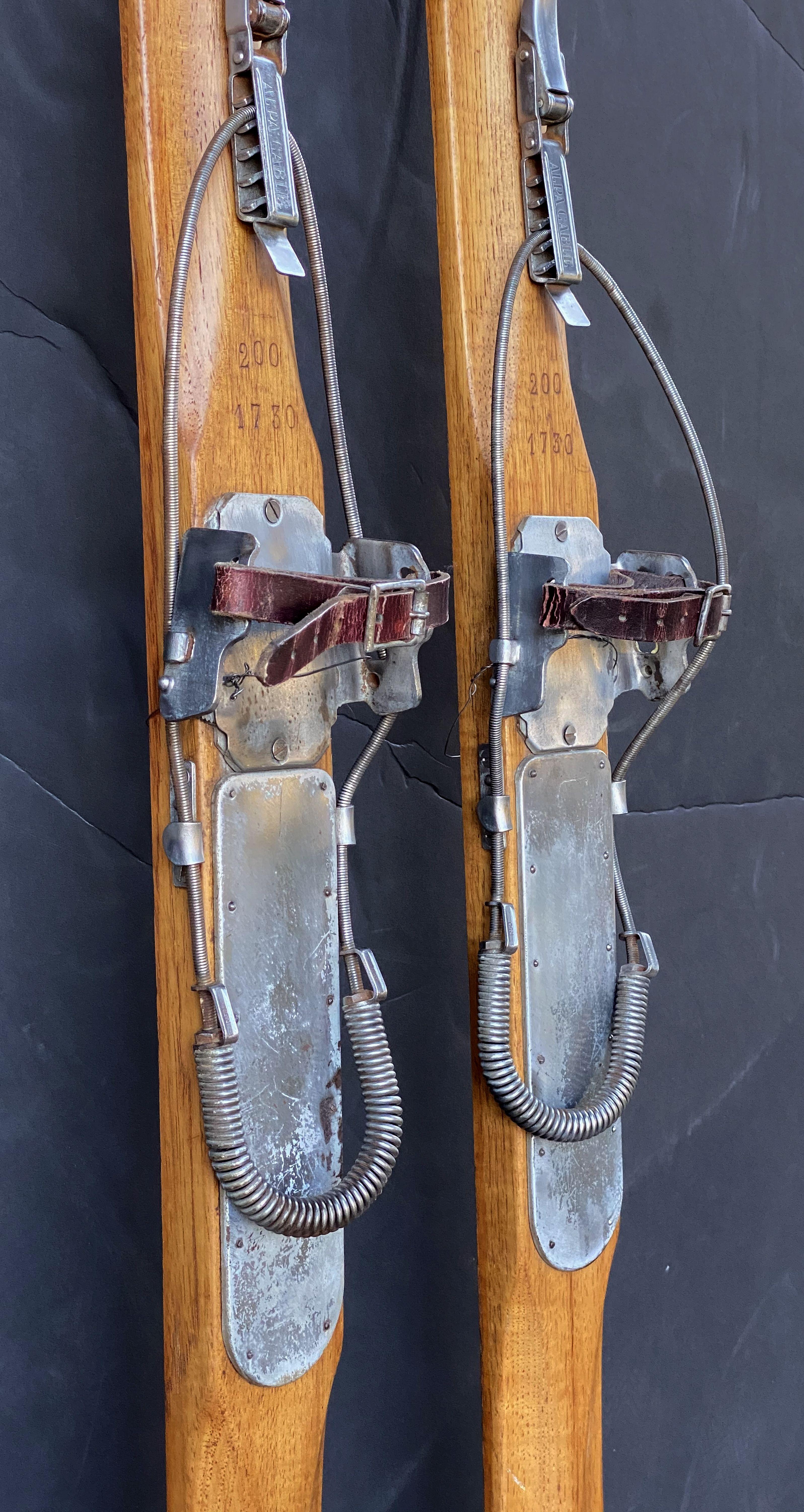 Pair of Vintage French Wooden Skis with Bamboo Skiing Poles 2