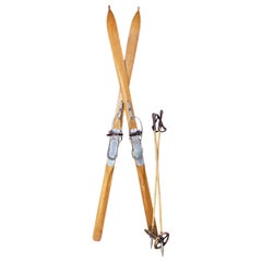 Pair of Vintage French Wooden Skis with Bamboo Skiing Poles