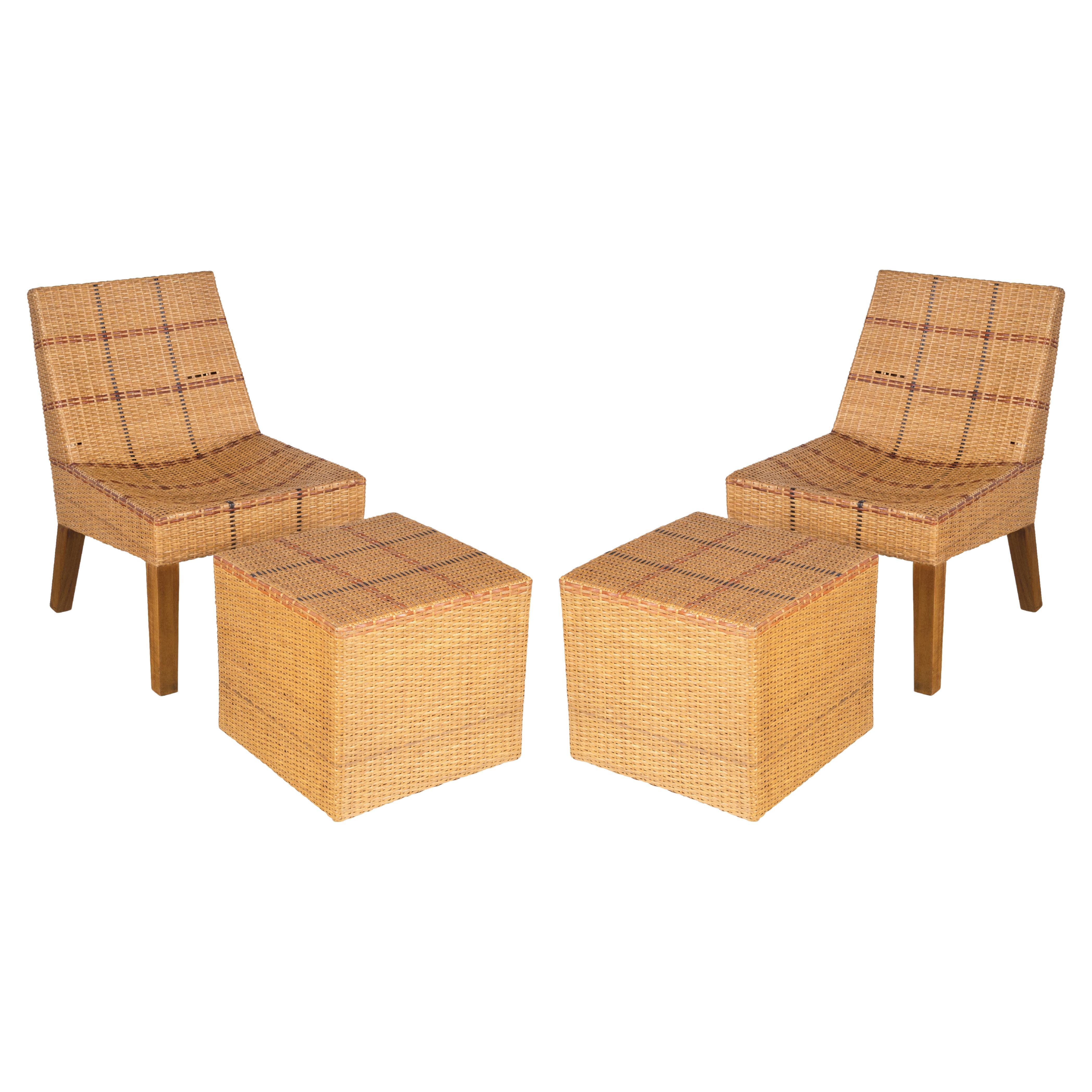 Pair of Vintage French Woven Rattan Chairs with Paired Ottoman