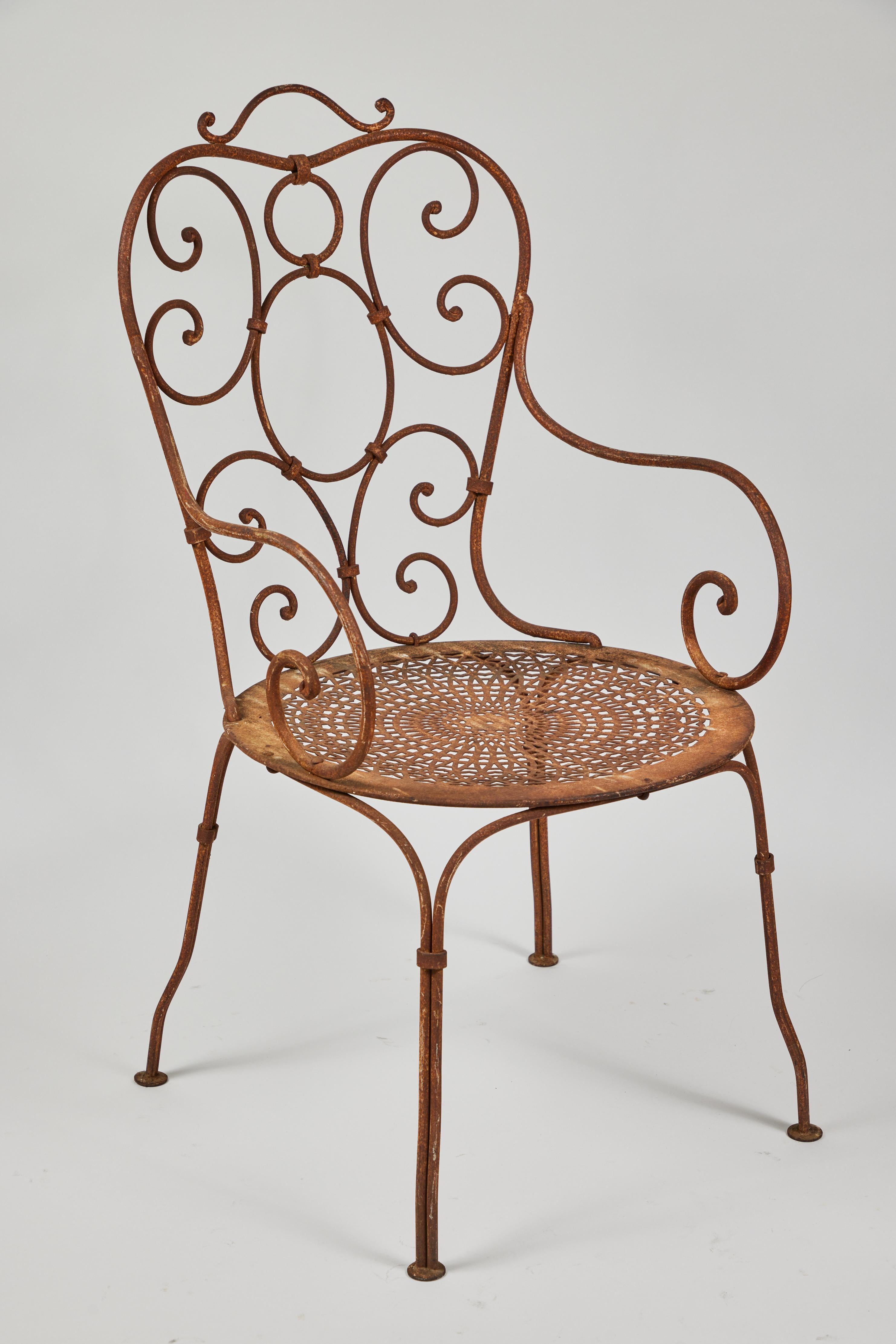European Pair of Vintage French Wrought Iron Garden Chairs