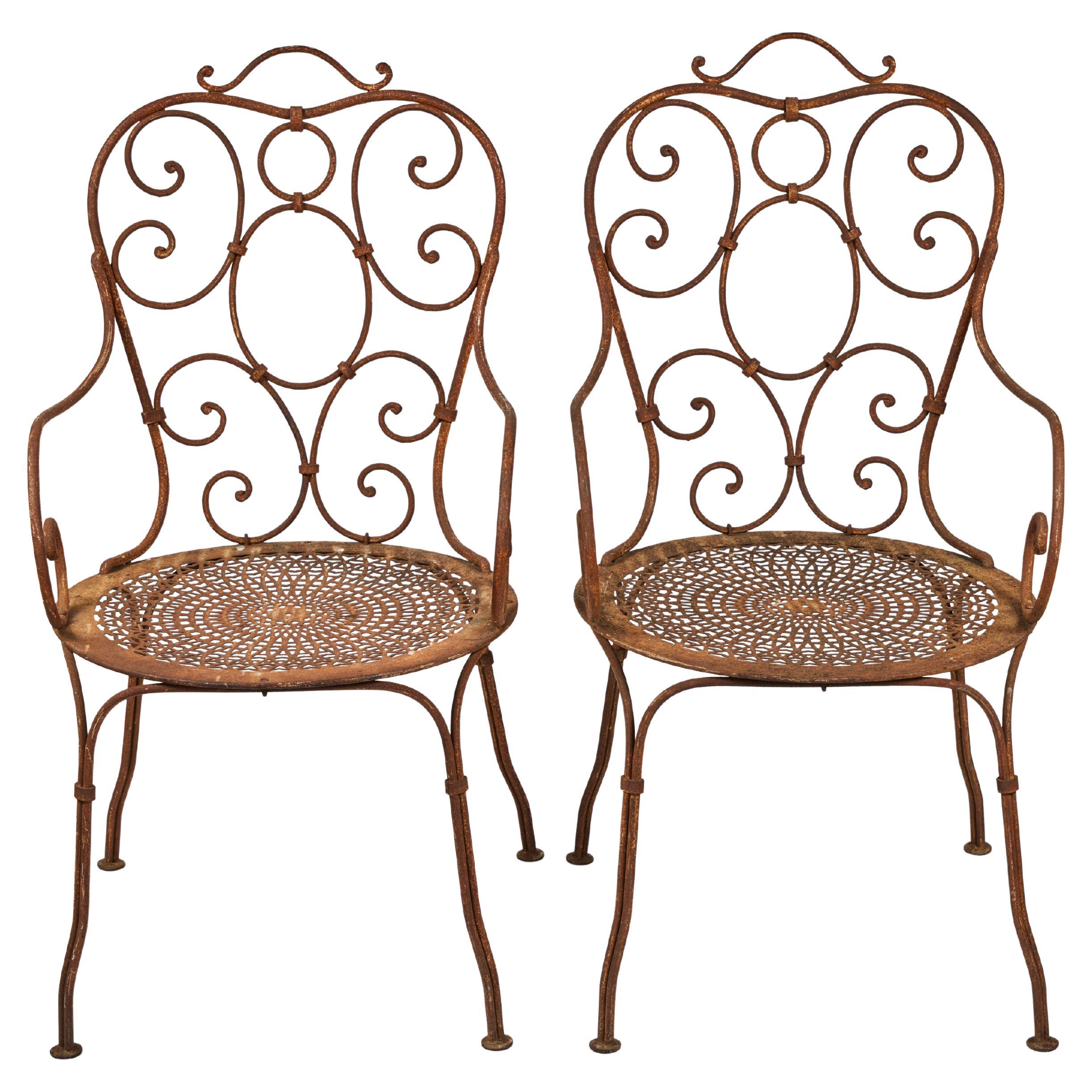 Pair of Vintage French Wrought Iron Garden Chairs