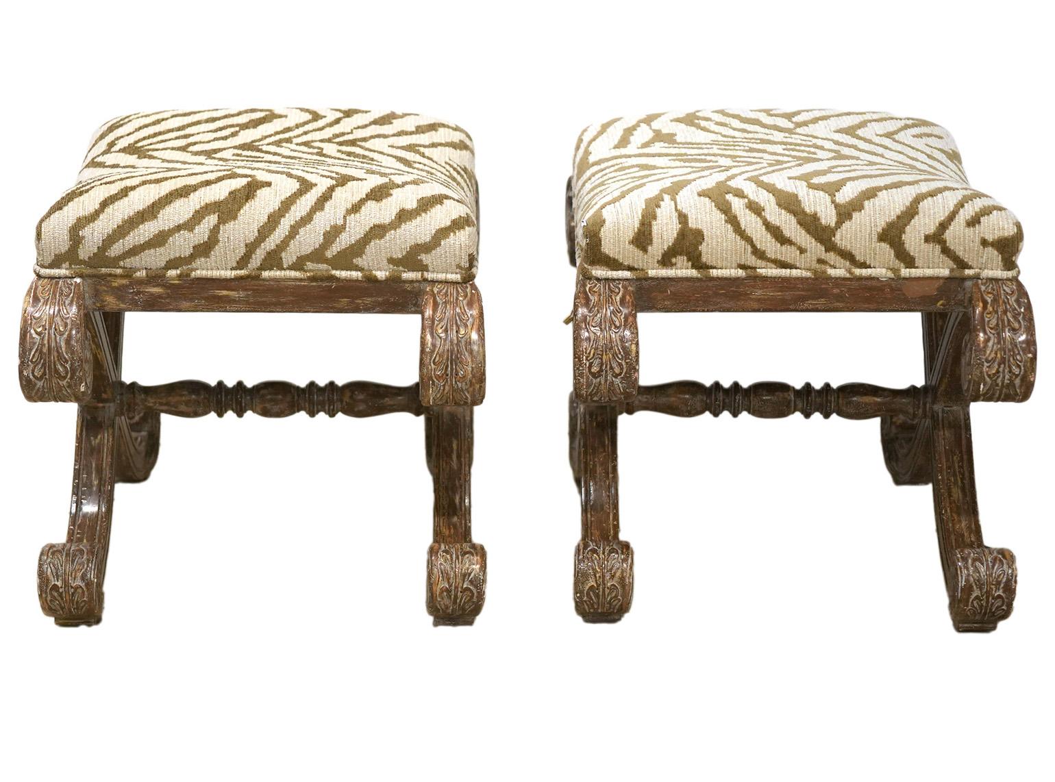 Pair of Vintage French 'X' Stretchered Carved and Painted Benches In Good Condition For Sale In Ft. Lauderdale, FL