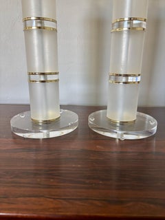 Pair of Vintage Frosted and Clear Lucite Table Lamps with Brass, circa 1970s