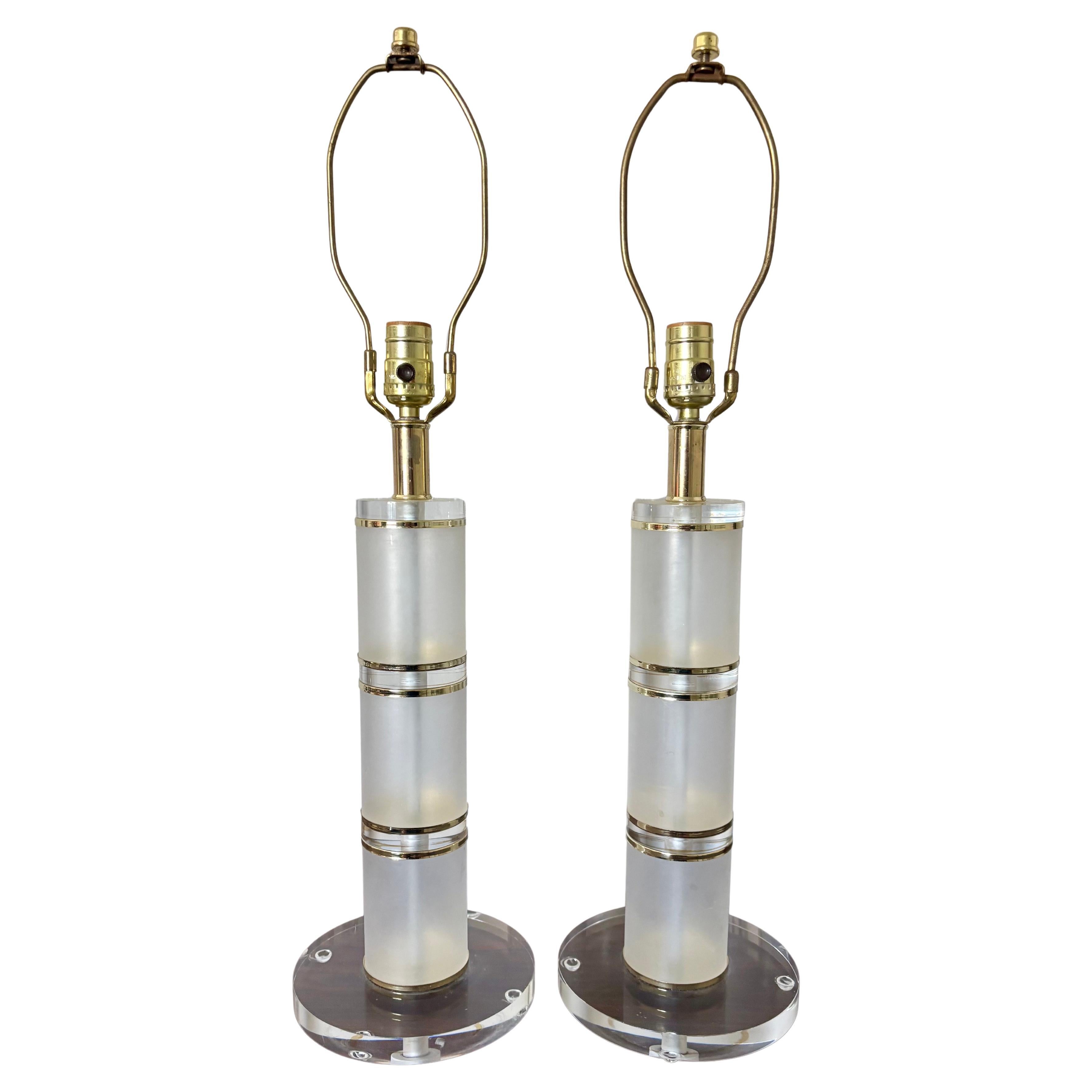 Pair of Vintage Frosted and Clear Lucite Table Lamps with Brass, circa 1970s