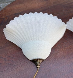 Pair of Vintage Frosted Glass Floral Wall Sconces with Brass Details