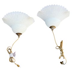 Pair of Vintage Frosted Glass Floral Wall Sconces with Brass Details