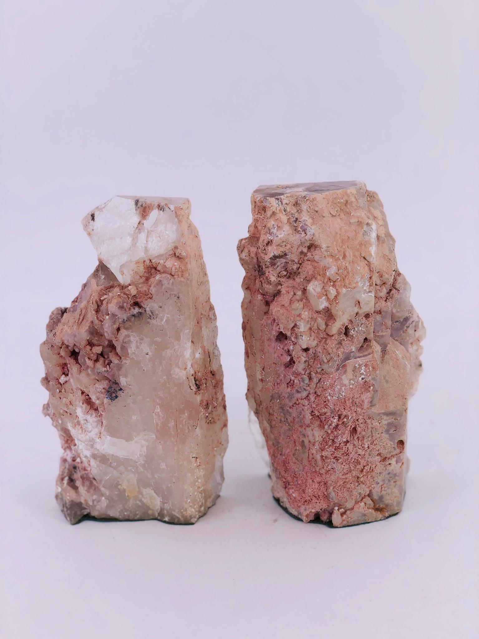 Versatile set of geode bookends. Geode bookends in rare pink quartz.