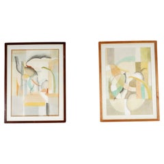 Pair Of Vintage Geometric Abstract Watercolour Paintings Signed NJ Hopkins 1976