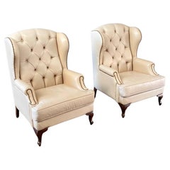 Pair of Retro Georgian Chesterfield Style Leather Wing Back Lounge Chairs