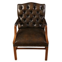 Pair of Vintage Georgian Patinated Leather Tufted Arm Chairs